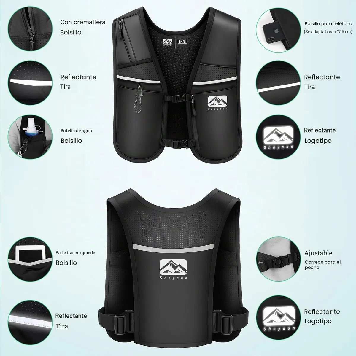 Chaleco de Running Shayson para Mujer y Hombre con Botella de Agua de 500 ml incluida, Correas de Pecho Ajustables, Transpirable y Reflectante