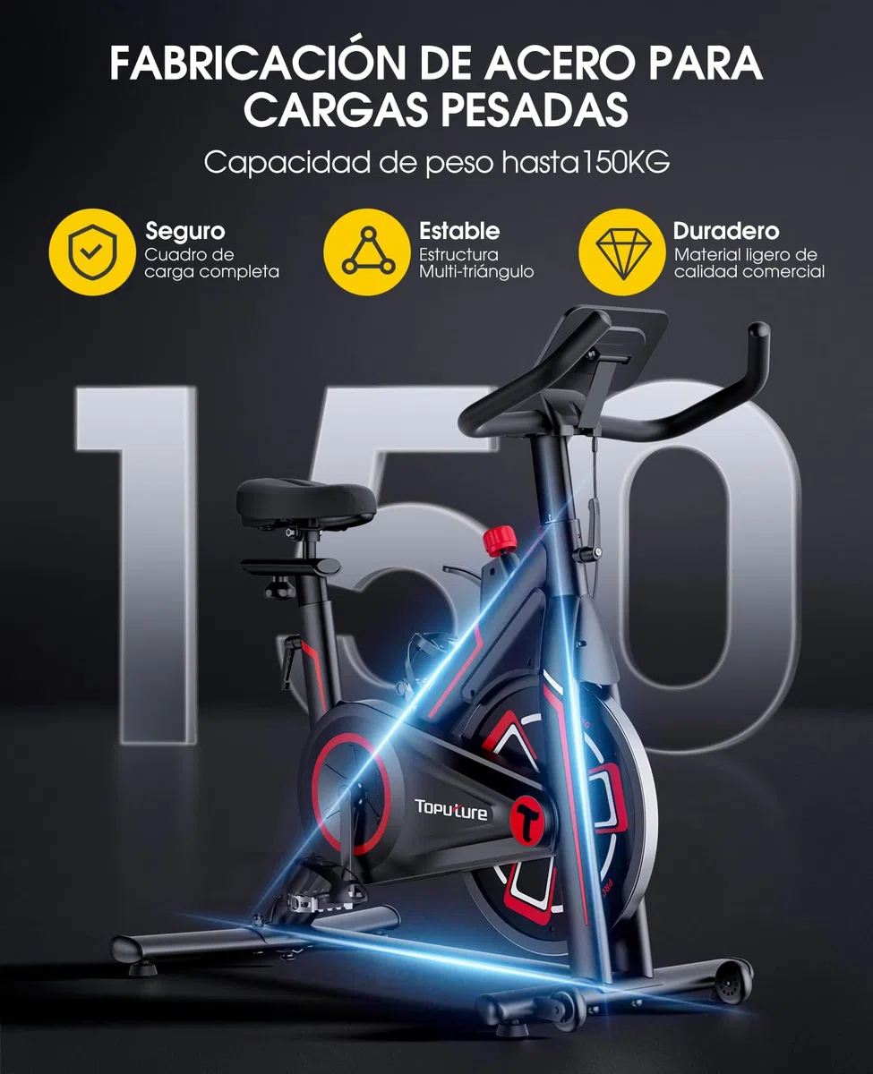 Toputure Bicicleta Estatica Magnética con APP, Bicicleta de Spinning Ultral Silenciosa con Volante 15KG, Asientos Cómodos y LCD Pantallas, Soporte para Tableta, Ejercicio en Casa, MAX150KG