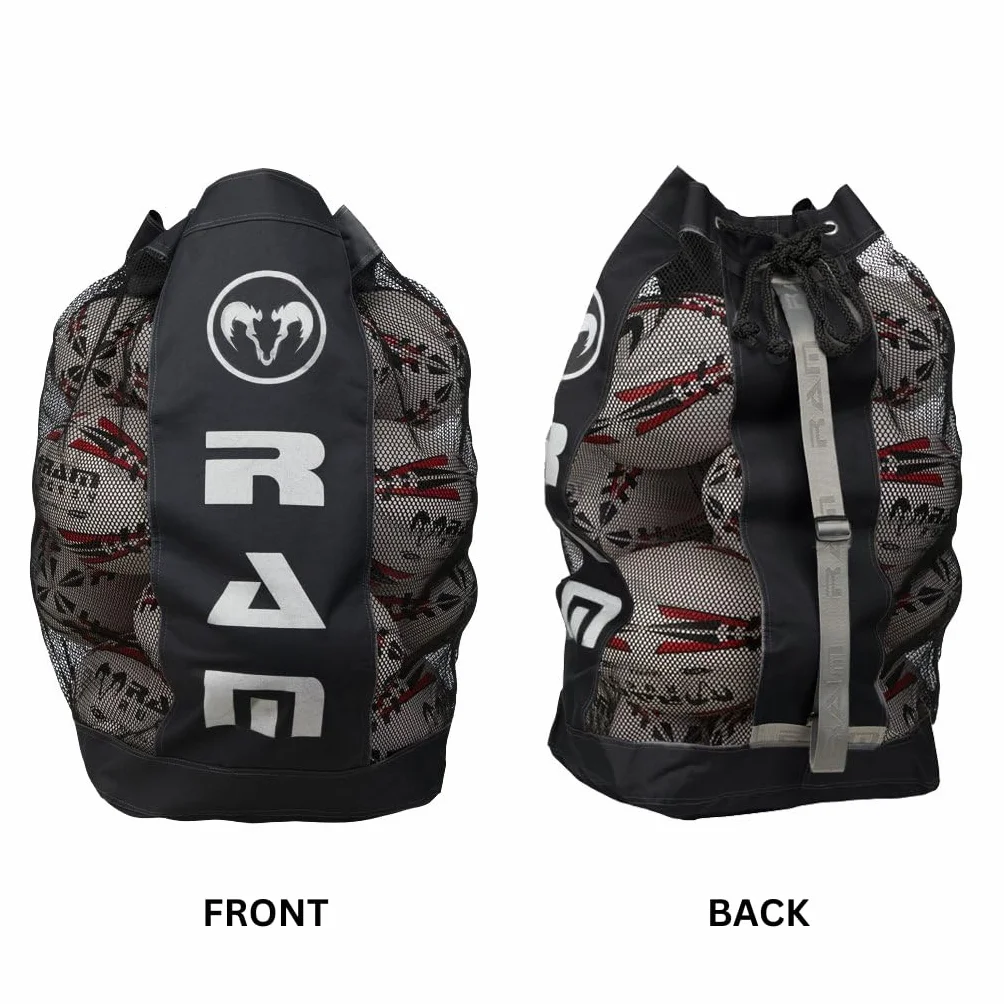 Ram Rugby - Bolsa transpirable para pelotas de rugby, capacidad para 16 pelotas de tamaño 5, almacenamiento de malla de nailon duradera con correa ajustable y agujero de drenaje, bolsa grande para