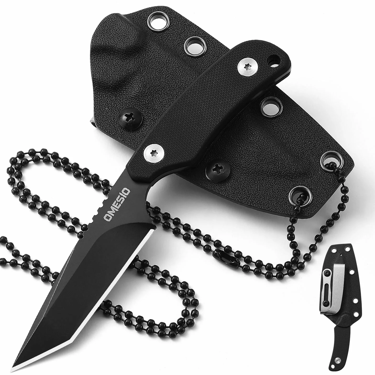 Omesio Tanto Neck Knife Pequeño Cuchillo Hoja Fija Full Tang Acero D2 Mango G10 Funda Kydex Clip Collar EDC