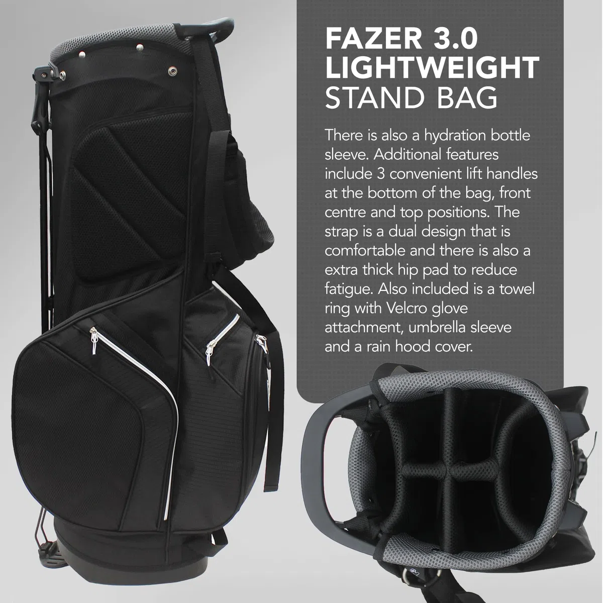 FAZER Bolsa de golf ligera 3.0 con un divisor de palos de 6 vías, separadores de palos de longitud completa y 6 bolsillos con cremallera, bolsa de nailon duradera para un transporte y almacenamiento
