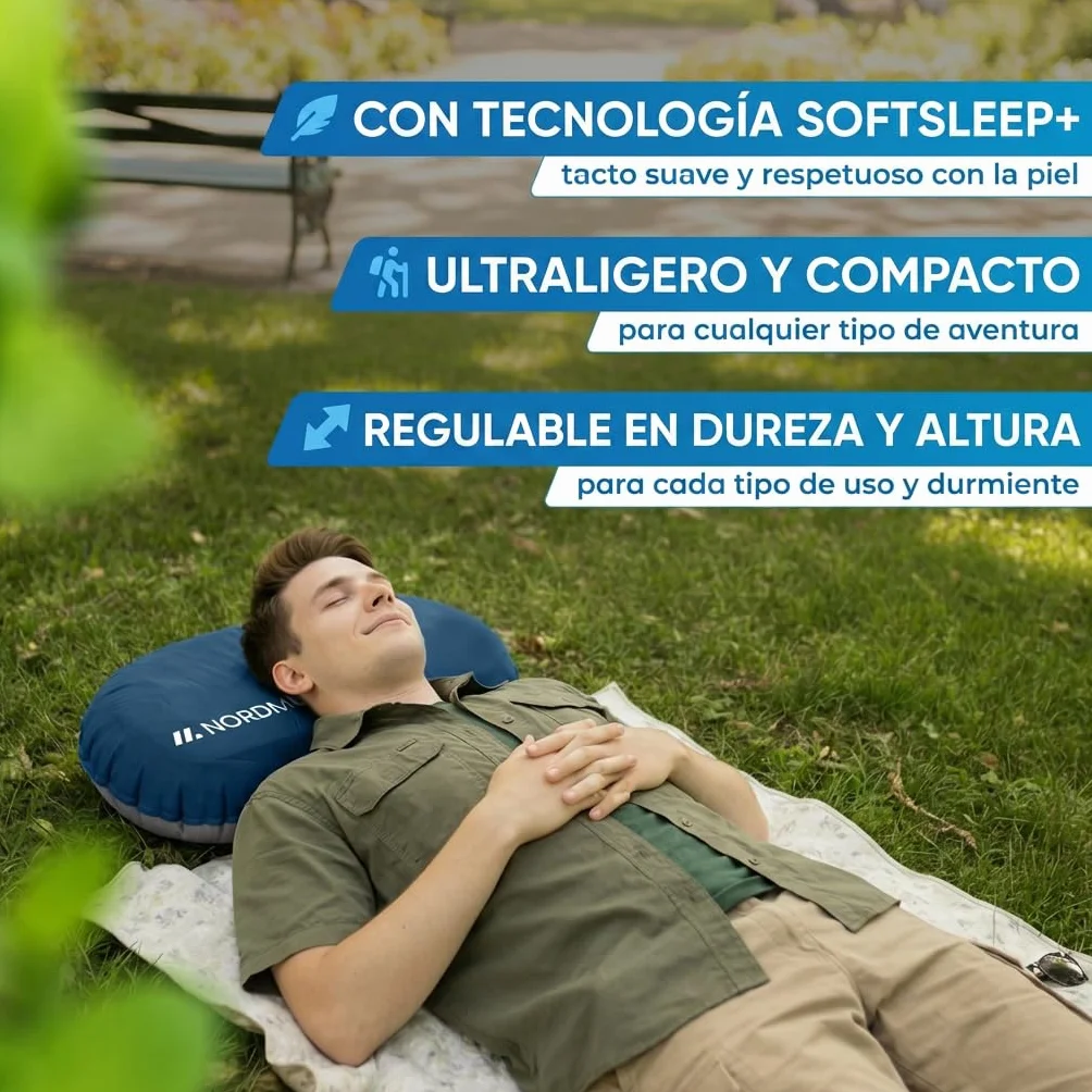 NORDMUT® Almohada de Camping Inflable [SoftSleep+] Almohada cómoda Ultraligera-pequeño tamaño – Inflable con Funda Lavable (Azul)