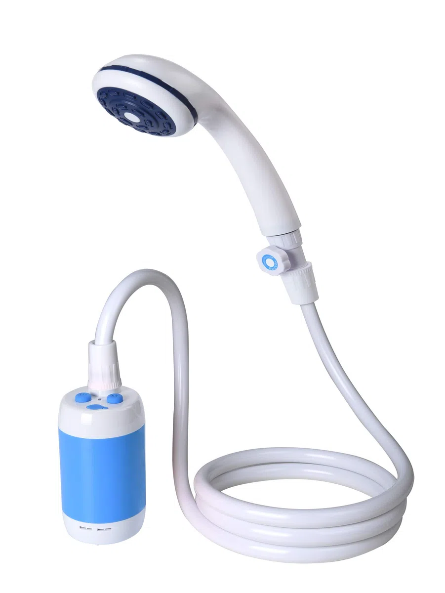 Laserbeak Ducha de Camping Exterior Ducha de Mano Ducha eléctrica, Ajuste de Agua, batería de 4800 mAh, Control de Flujo de Apagado y válvula (Azul)
