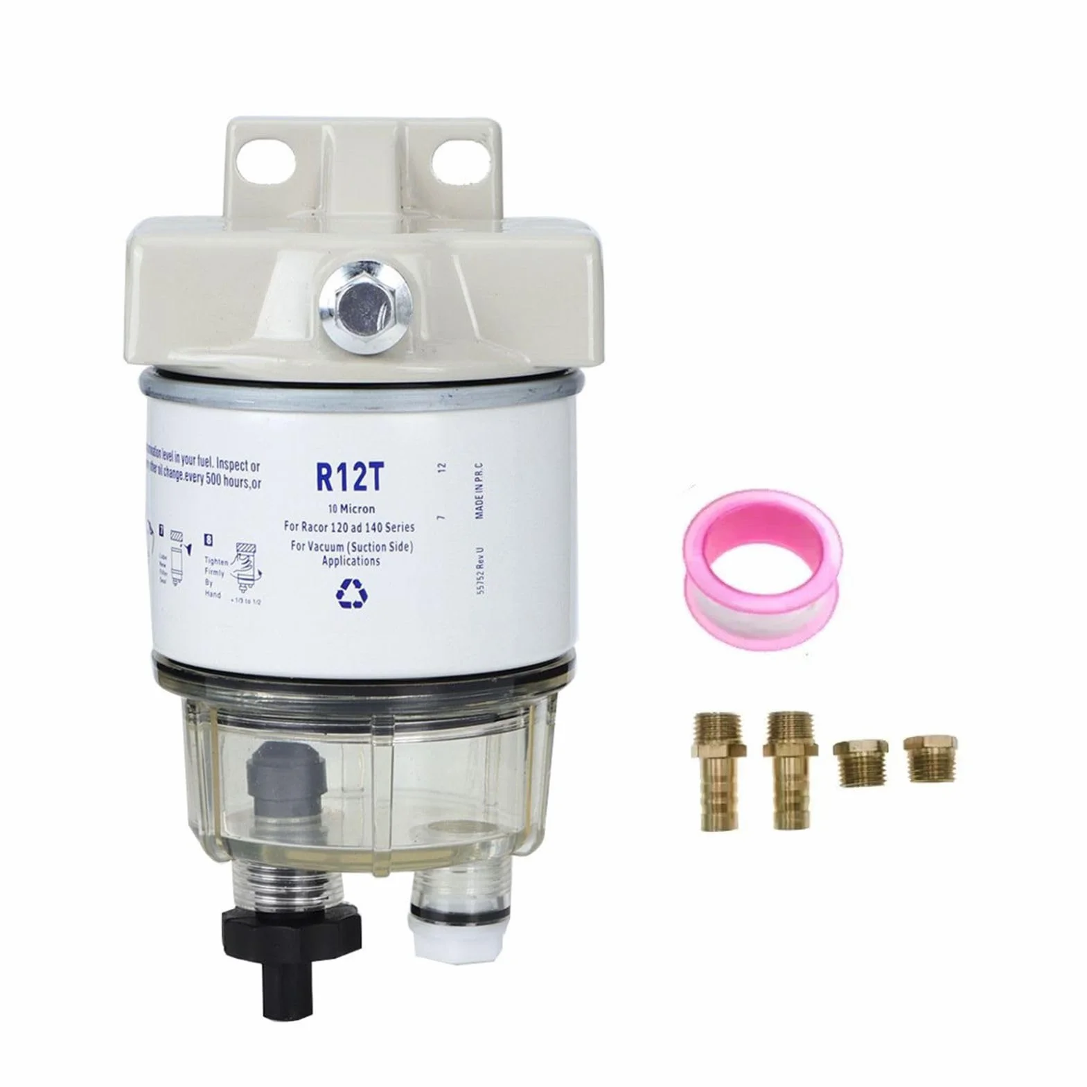 Filtro Combustible, Filtro R12T Separador de Agua Combustible Marino con Rotación y Drenaje Automático 10 Micrones 30 GPH para Motores de Lanchas Rápidas y Embarcaciones