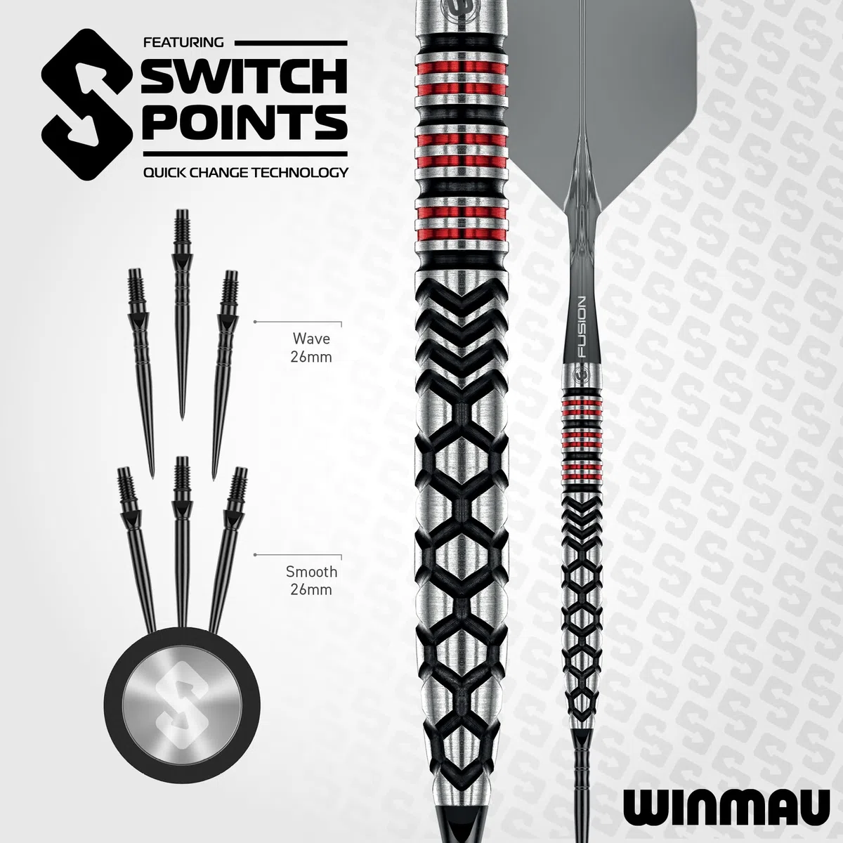 WINMAU Fornax Dardos profesionales 90% tungsteno, barriles paralelos y cónicos negros/rojos, punto de conmutación, 2 puntas, cañas cortas y plumas, dardos de 21/22/23/24 g