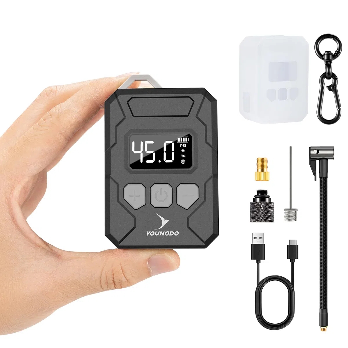 150PSI mini Bomba Bicicleta, YOUNGDO inflador electrico con Manómetro Digital, Función Auto Stop Tipo-C Bomba de Aire Eléctrica para Bicicleta con Válvula Presta y Schrader para Bicicleta, Moto, Balón