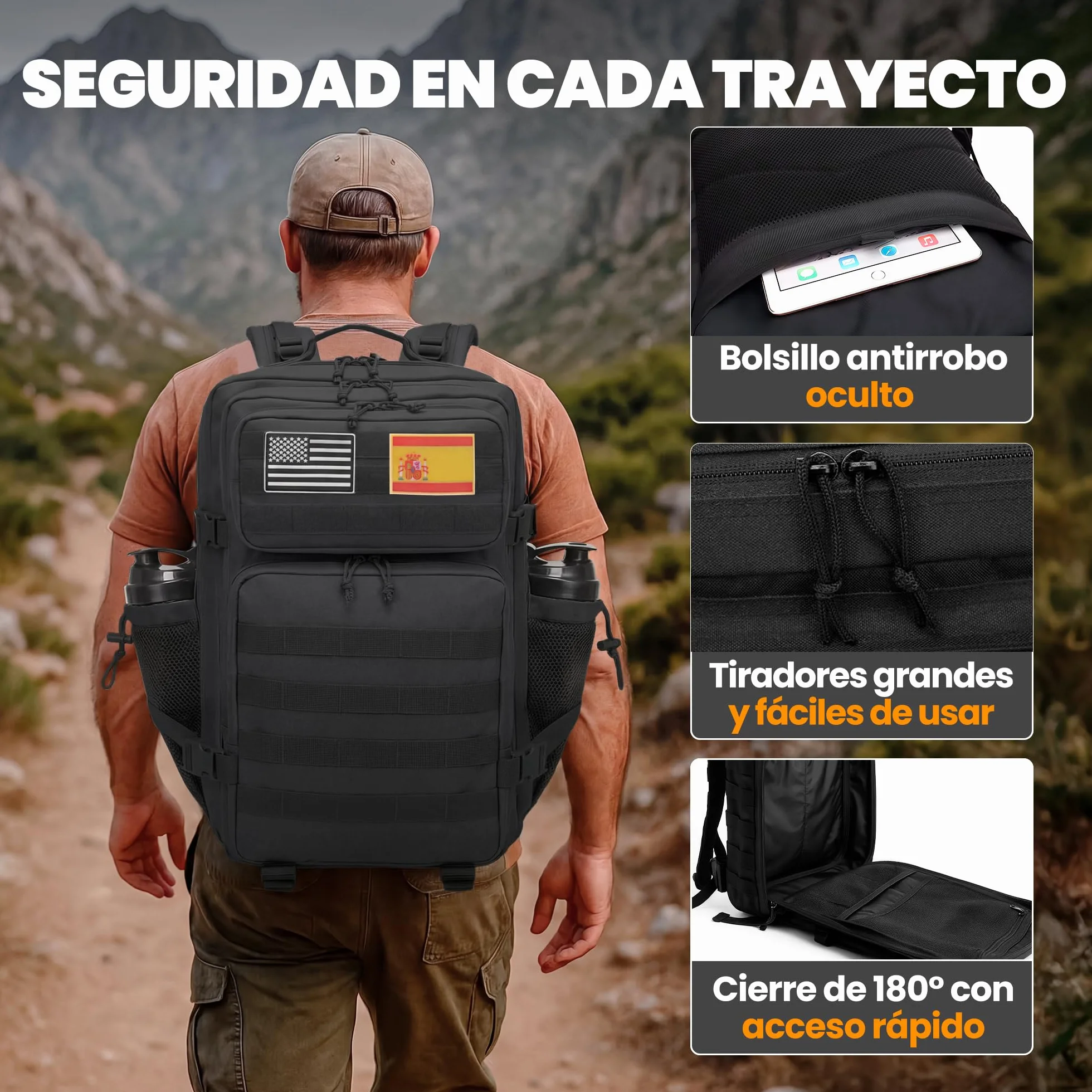 Mochila Táctica Militar 45L Sistema Molle Oxford 900D Negro para Caza Senderismo Viaje Crossfit