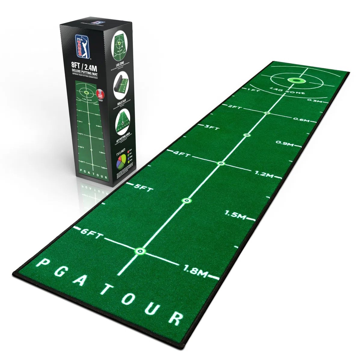 PGA Tour Alfombrilla de golf de lujo de 8 pies para golf de interior, alfombrilla de golf con directrices de entrenamiento, objetivo de agujero de tamaño completo, área de putt de 6 pies, verde, bolsa