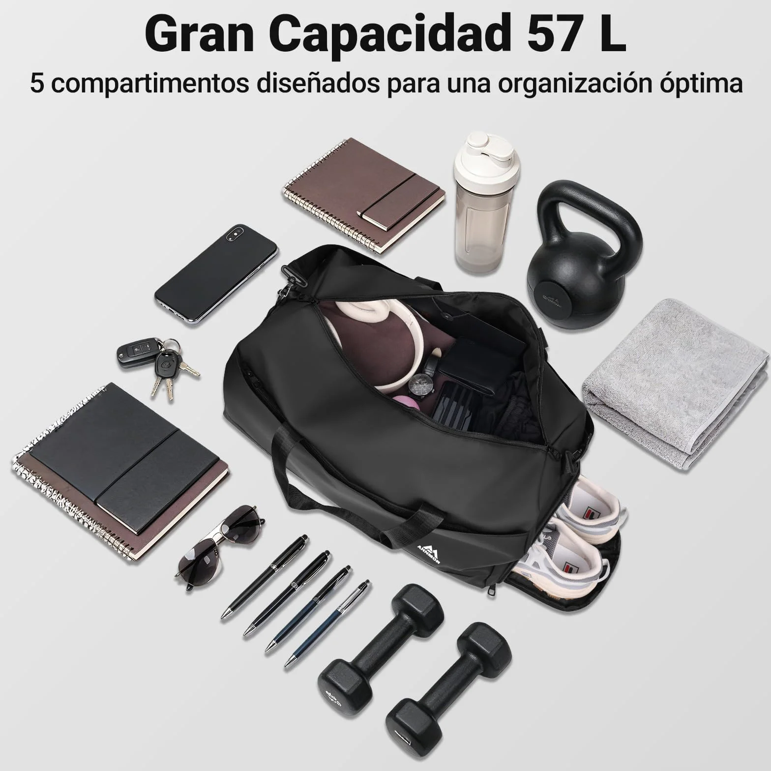 Bolsa Deporte Hombre 57L Gym Bag Compartimento Zapatos Separación Húmedo/Seco
