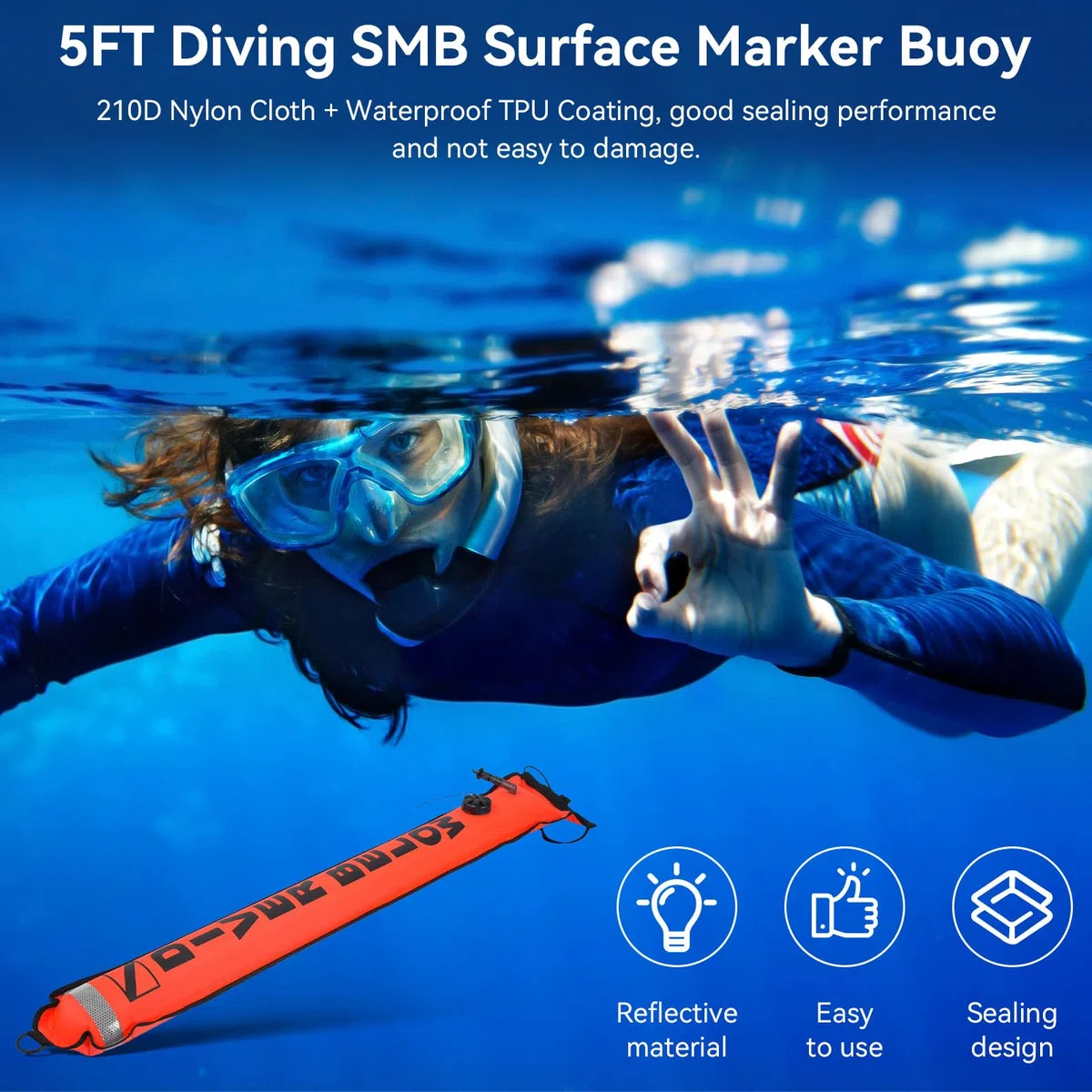 Boya marcadora de Superficie SMB de Buceo de 5 pies, Tubo de señal de Buceo Inflable de Alta Visibilidad con Tira Reflectante, Marcador de Seguridad, boya Flotante