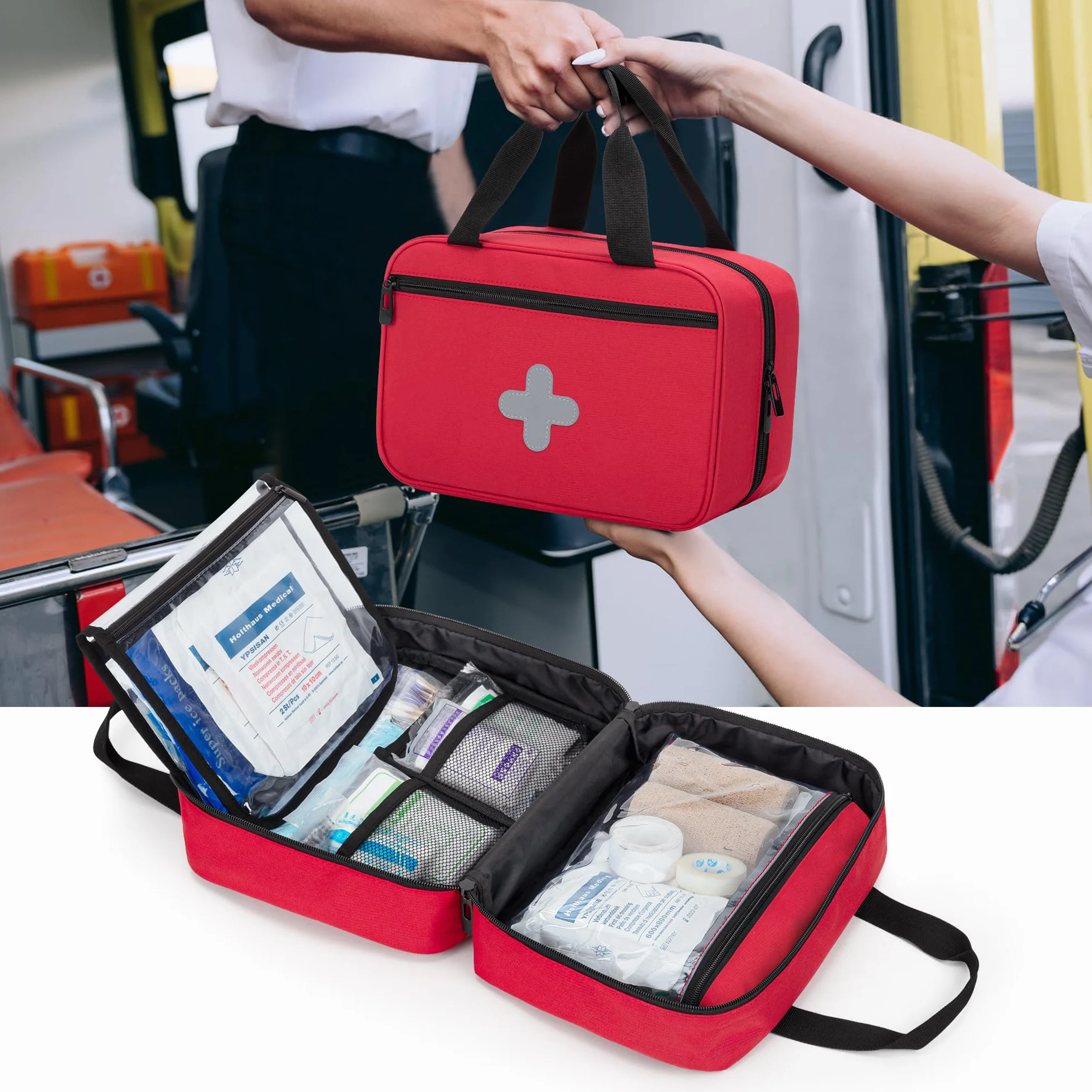 CURMIO Bolsa de Primeros Auxilios, Botiquín de Emergencia para Senderismo, Acampada, Coche, Viajes, Hogar y Exteriores, Bolsa Médica Vacía, Rojo