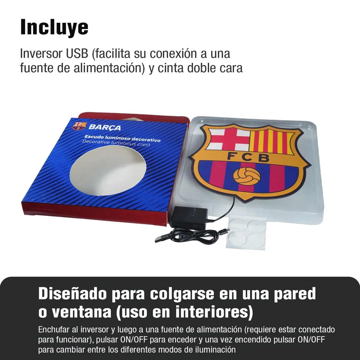 Escudo Pared o Ventana con Luz Electroluminiscente, Producto Oficial Real Madrid, Barça, Valencia F.C., Benfica, 2 Modos de Luz, Inversor USB y Cinta Doble Cara, Regalo Hinchas Fútbol
