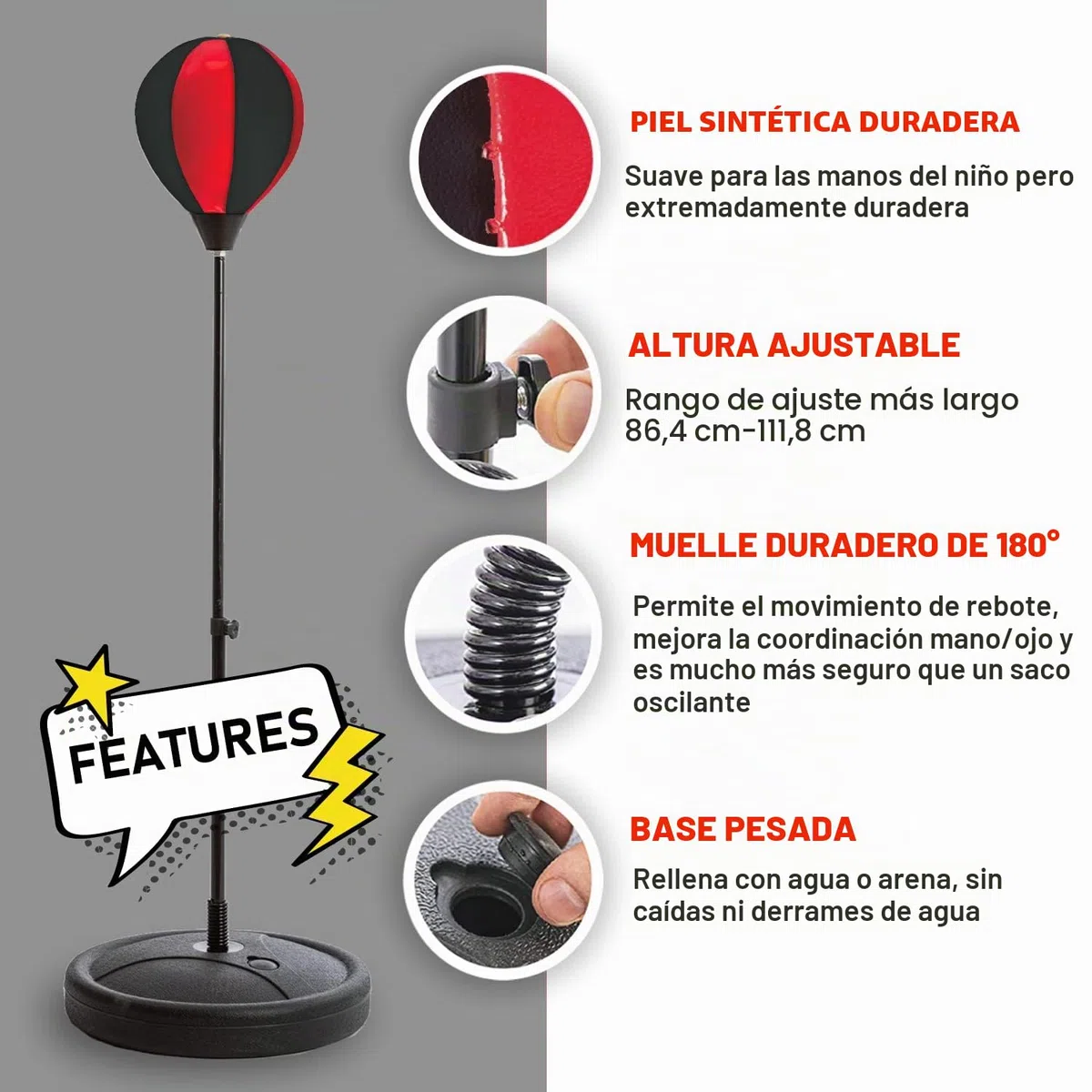 Whoobli Saco de boxeo para niños, incluye guantes de boxeo, saco de boxeo ajustable de 3 a 10 años con soporte, juego de bolsa de boxeo para niños y niñas (rojo negro)