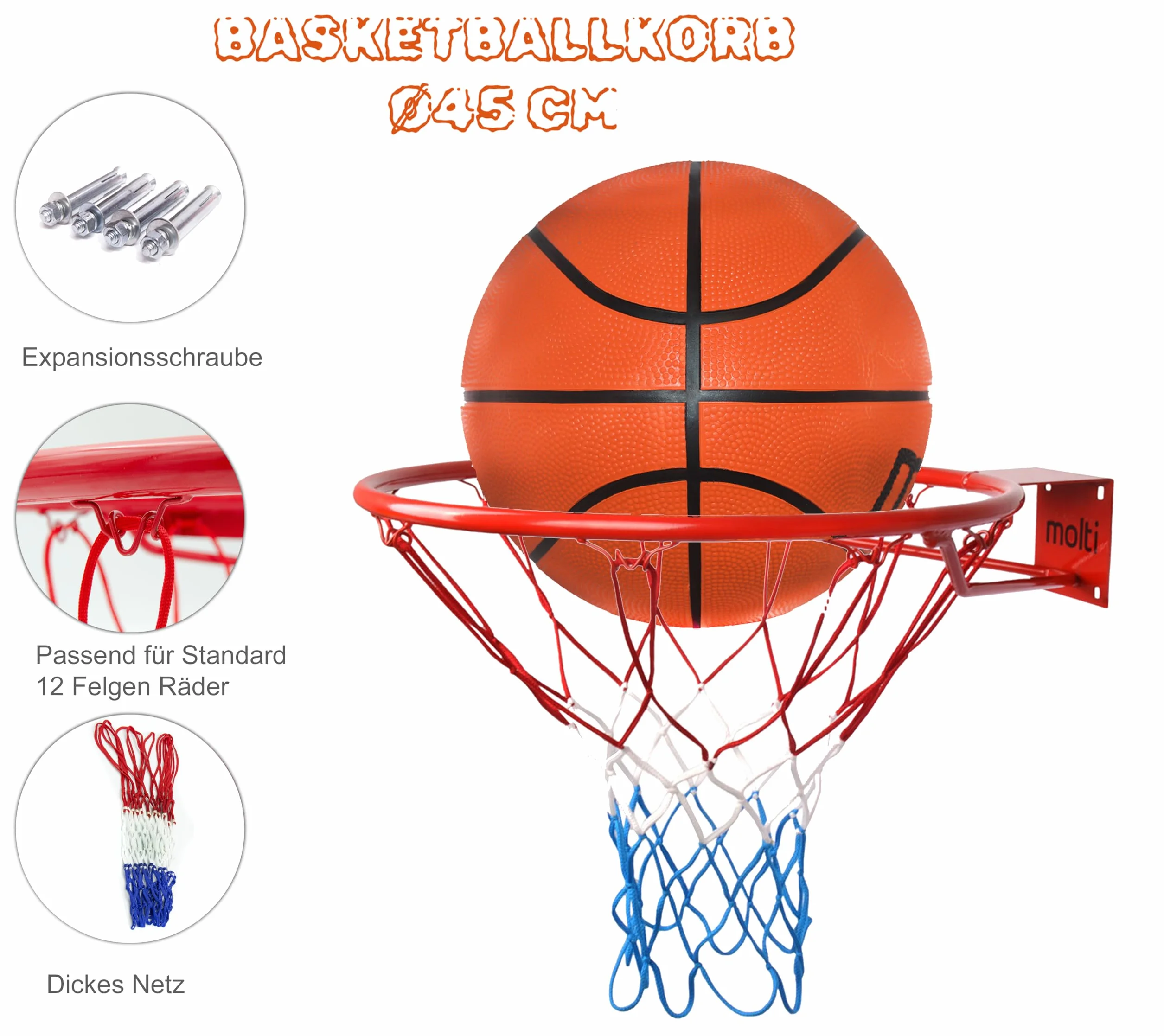 molti Canasta de baloncesto de 45 cm de diámetro, 37 cm de diámetro, anillo de baloncesto con red y tornillos de fijación para exteriores + 4 tornillos de fijación