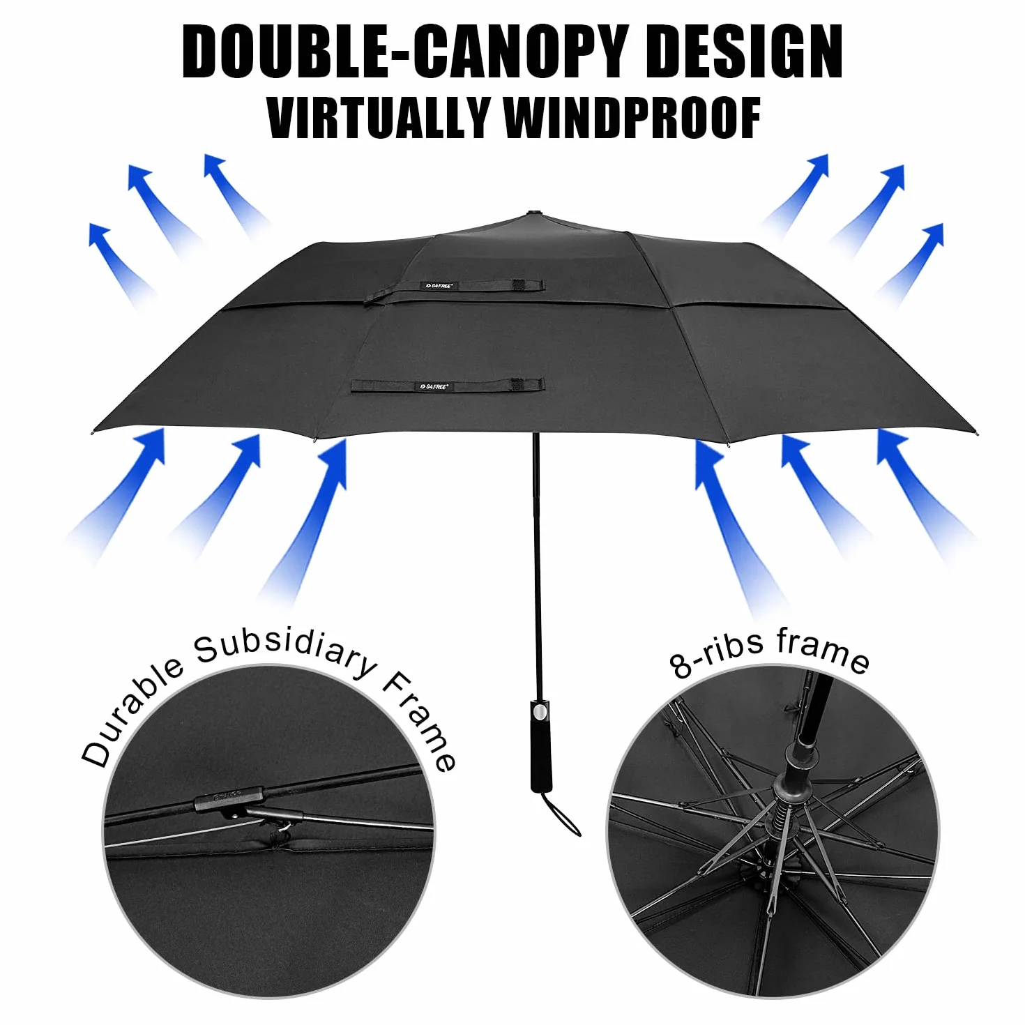G4Free Paraguas de golf de 157,5 cm, portátil, apertura automática, gran tamaño, ventilado, doble dosel, resistente al viento, impermeable, para hombres y mujeres, color negro