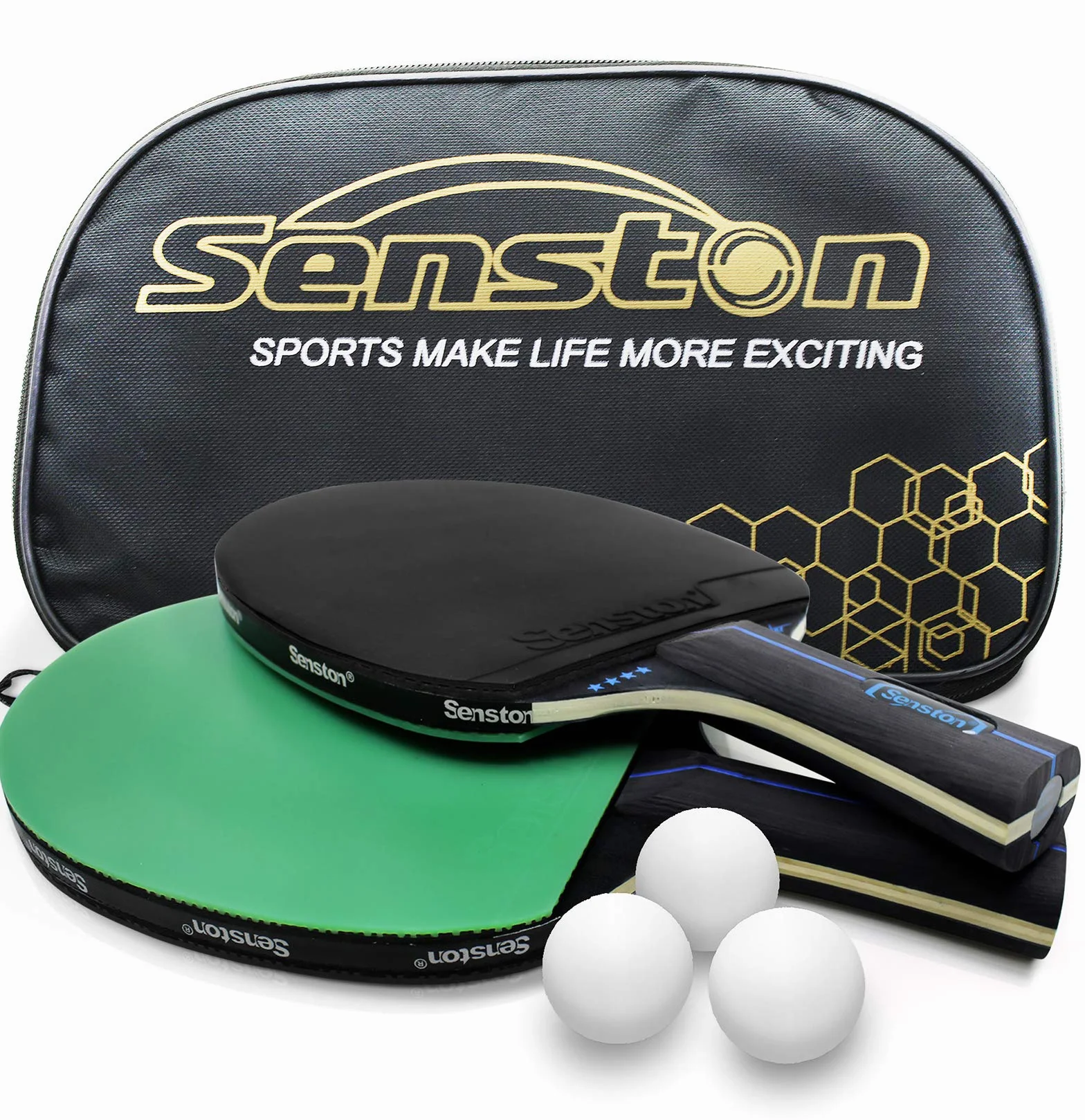Senston Juego de Raquetas de Tenis de Mesa 3 Pelotas, 2 Palos de Ping Pong Profesionales, Juego de Tenis de Mesa con Bolsa de Transporte