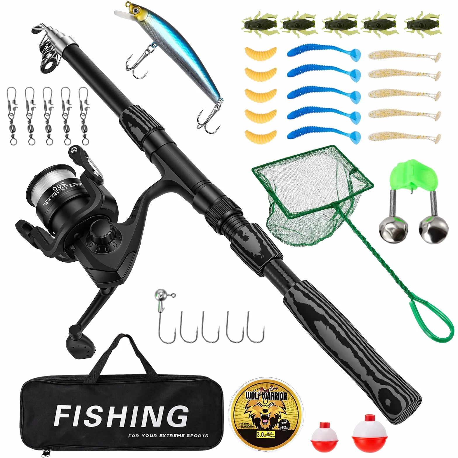Juego de caña de Pescar telescópica (1,8 m), Incluye carretes de Spinning caña señuelos sacadera sedal Accesorios y Bolsa Juego Completo para Pesca en Agua Salada y Dulce