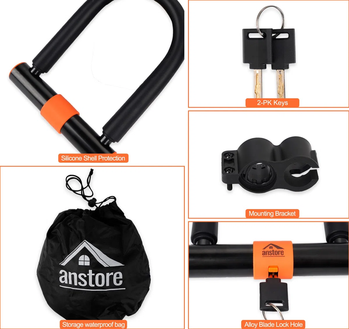 Candado U,Anstore Candado para Bicicleta con Cable, Candado en U con 2 llaves para Bicicleta de Carretera, Bicicleta de Montaña, Bicicleta