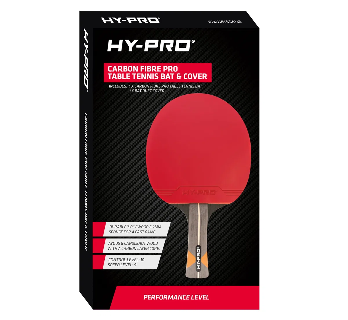 Hy-Pro Bate de Tenis de Mesa, núcleo de Fibra de Carbono, Madera Duradera de 7 Capas, Esponja de 2 mm, con Cubierta para la Cabeza, Calidad de Rendimiento, Giro y Control Superiores