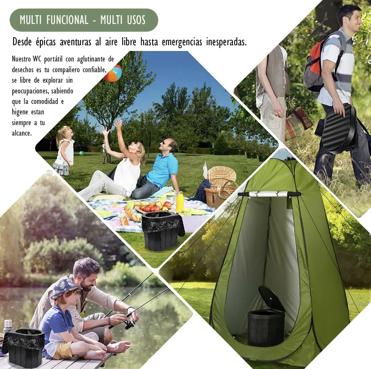 WC Portátil Kit para Adultos y niños. Incluye Tienda Ducha Camping/Cambiador, WC Portátil y Gel Aglutinante Super Absorbente para residuos. Ideal para Festivales.