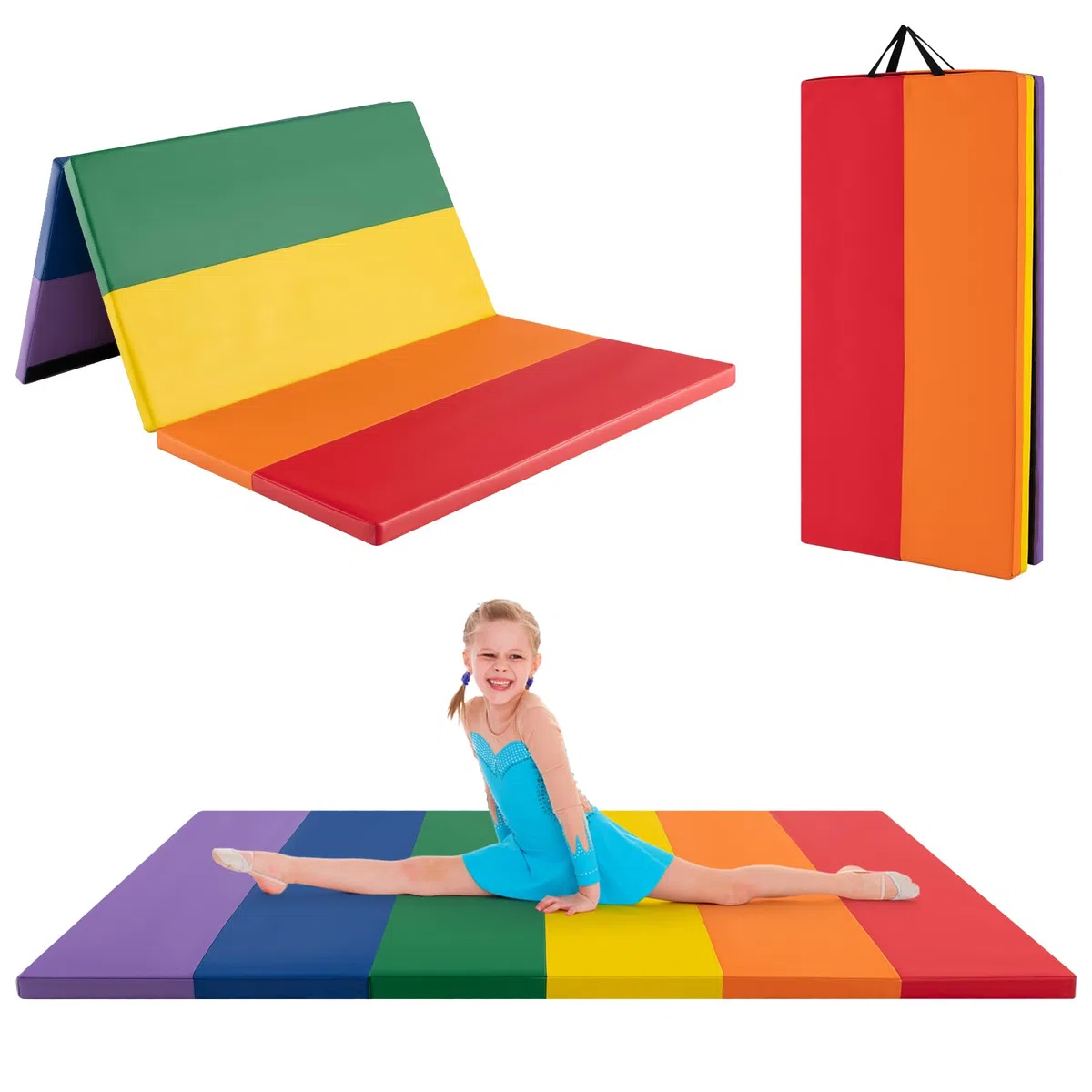 COSTWAY Colchoneta de Gimnasia Plegable de 200 x 75 x 3 cm, Esterilla de Gimnasia lmpermeable de 5 Paneles de PU, Estera de Ejercicio con Asas de Transporte para Gimnasio y Casa