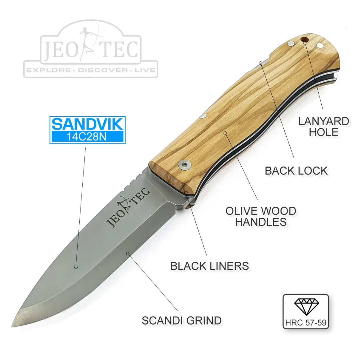 JEO-TEC Nº16 Navaja de Bolsillo para Bushcraft Supervivencia Acampada Caza Pesca Actividades al Aire Libre, Acero Inoxidable Sandvik 14C28N Scandi, Cuchillo Plegable Hecho a Mano en España