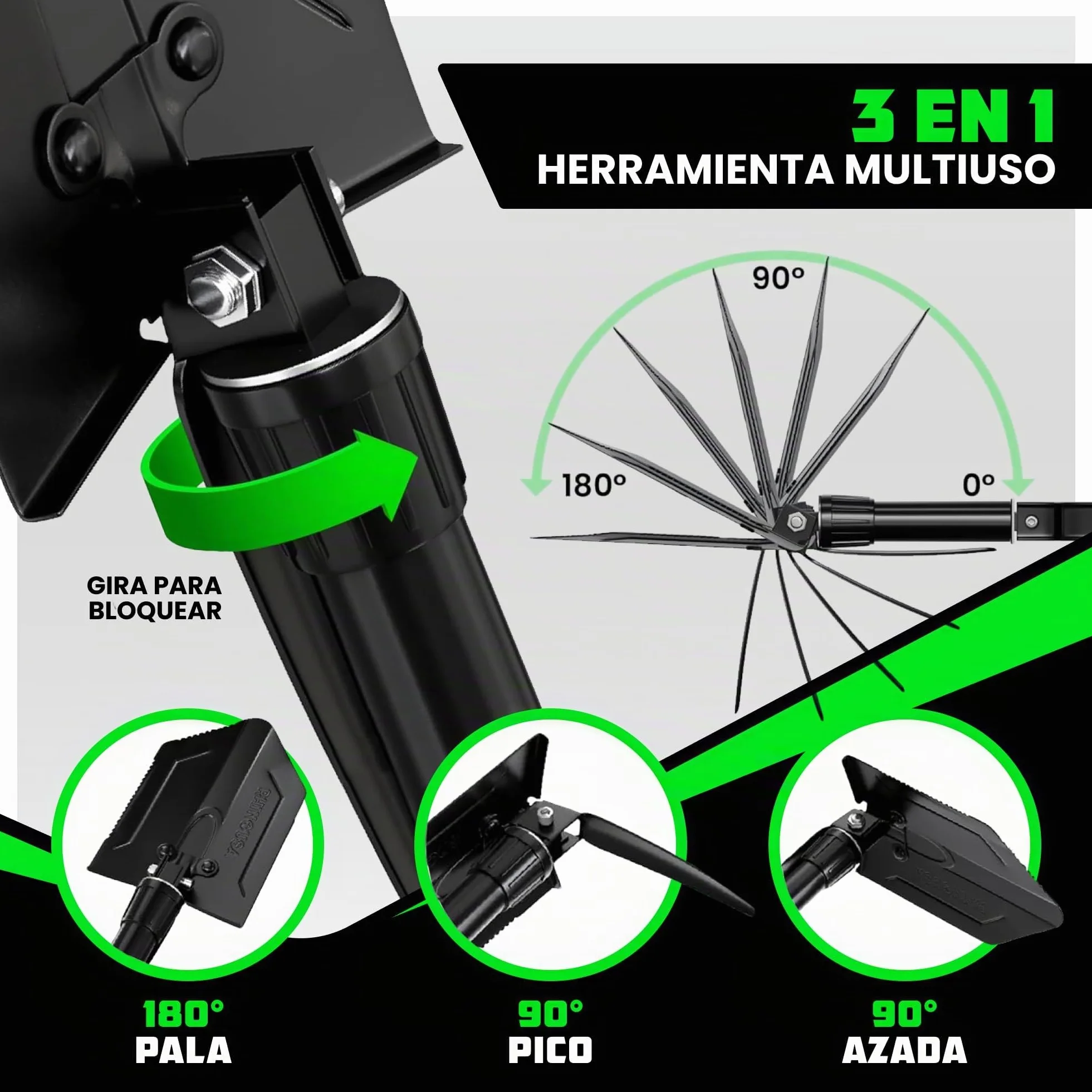 Rhino USA Pala Plegable con Pico - Pala eTool Plegable de Acero Robusta para Playa, Camping, Jardinería y más - Herramienta de Excavación Militar Táctica para Tierra, Arena, Barro y Nieve