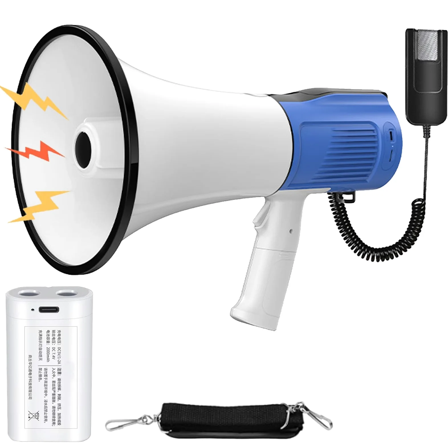 Megáfono 120W Alcance Máximo 2000M, Megáfono con Sirena y Micrófono - Funciones de Grabación y Bluetooth, Bocina de Señal con Correa de Hombro Ajustable para Entrenadores, Policias, Futbol