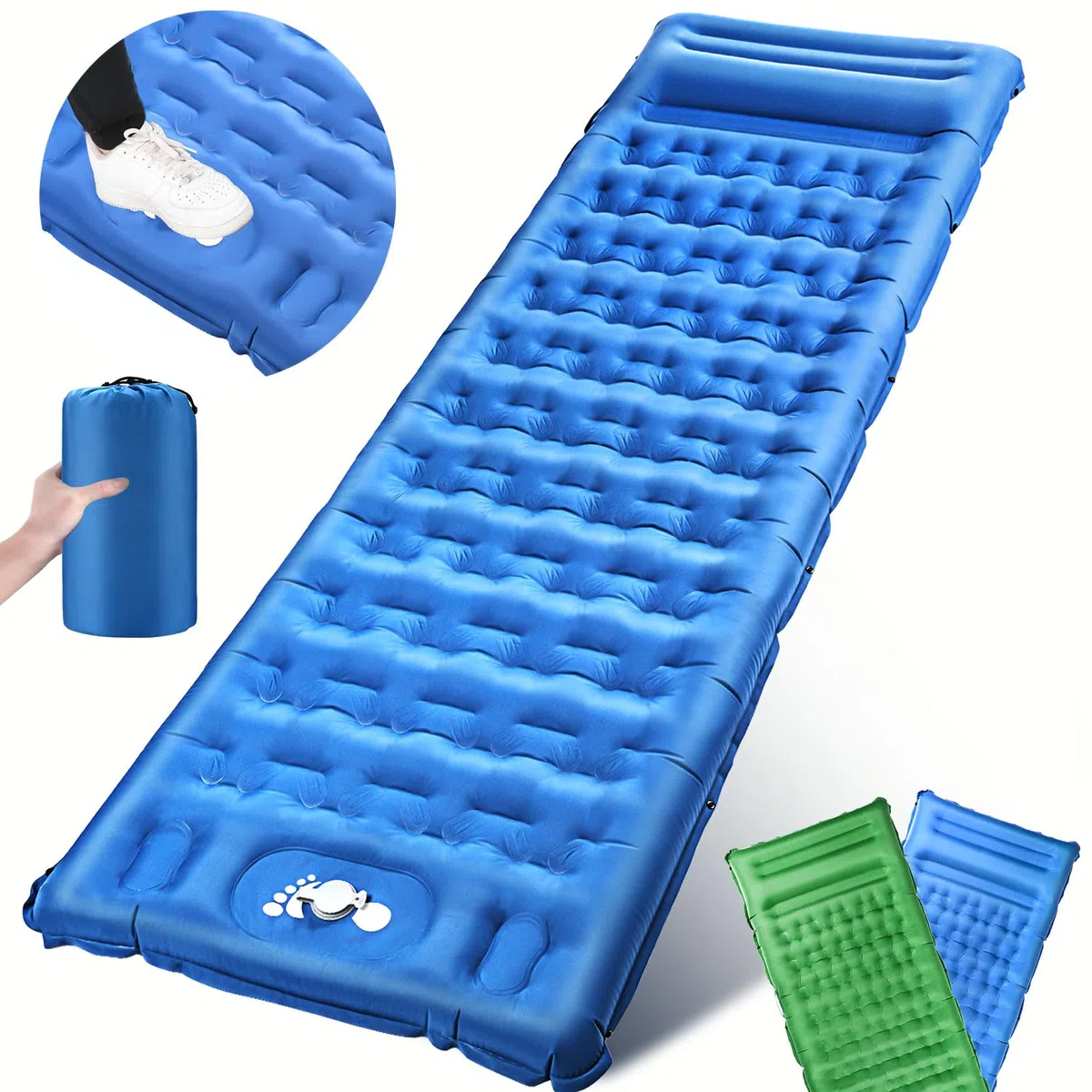 Colchón Hinchable Camping, Esterilla Hinchable con Almohada y Bomba de Pie, Colchón Colchoneta Inflable Plegable para Dormir Senderismo Aventura Acampad Senderism Viajes
