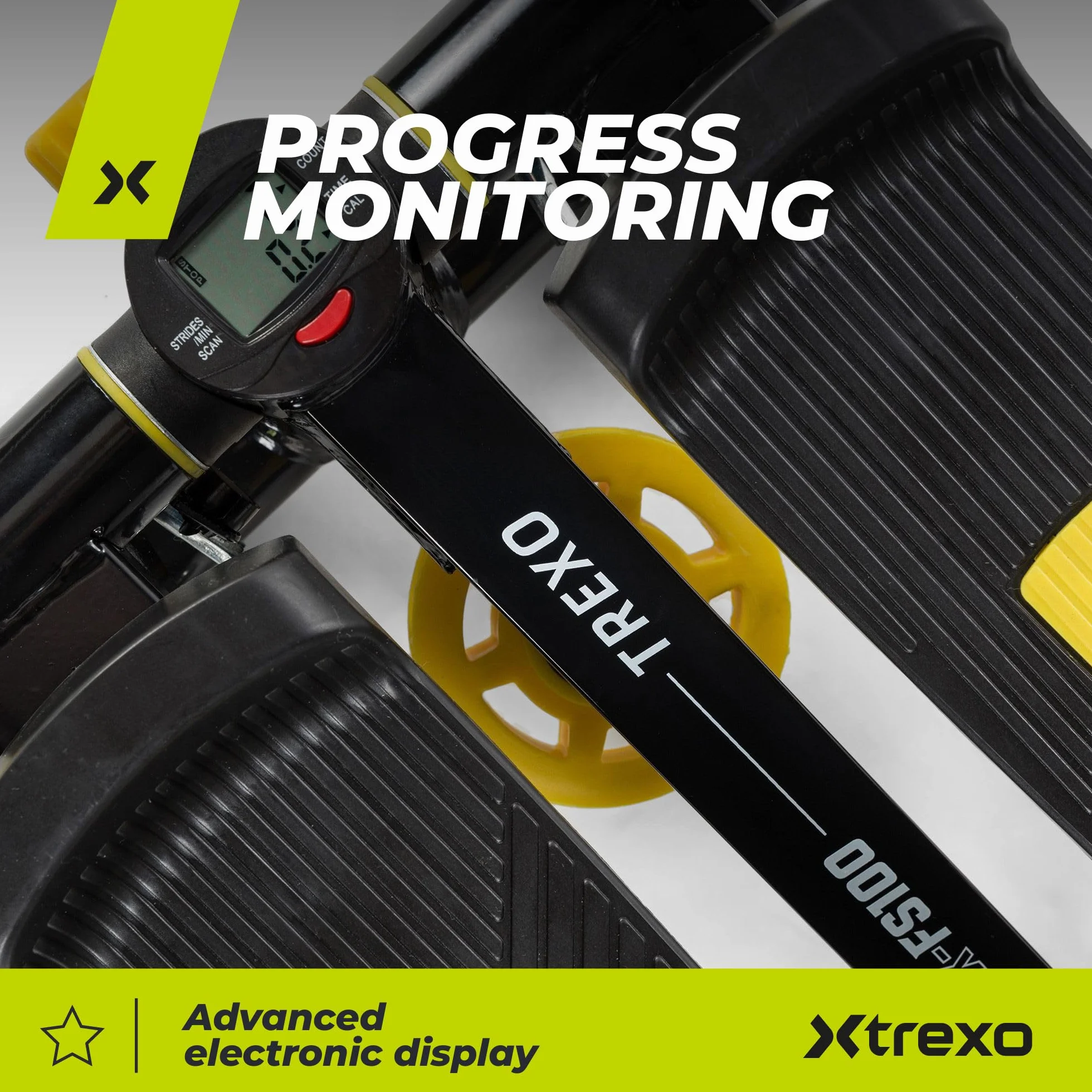 TREXO Stepper para Entrenamiento en casa Fitness Cardio Altura de los Pedales y Resistencia Ajustables Pantalla Fácil de Leer Cables Resistentes Capacidad de Carga hasta 100 kg Negro/Amarillo