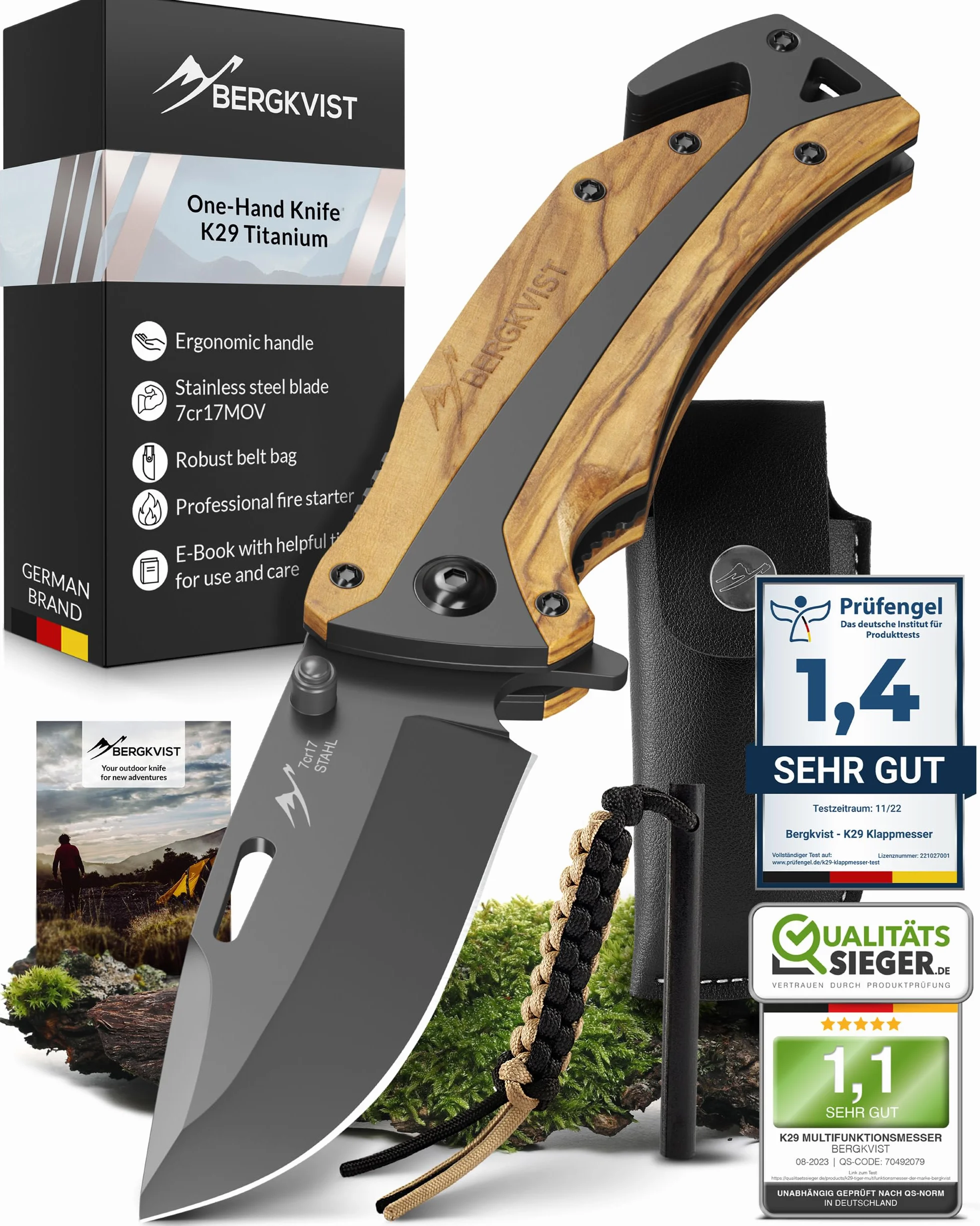 BERGKVIST® K29 Cuchillo plegable Titanium [navaja de bolsillo 3 en 1] | Navaja con rompecristales y cortacinturones, Bronze A' Design Award, mango de madera de olivo