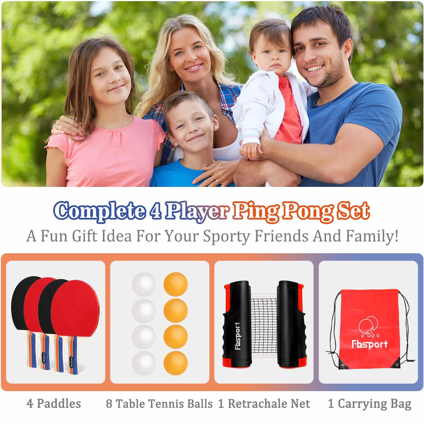 Sets de Ping Pong Portátil con 4 Raquetas, Red Retráctil, 8 Palas y 1 Bolsa de Transporte, Tenis de Mesa Set para Interior Exterior Niños Adultos