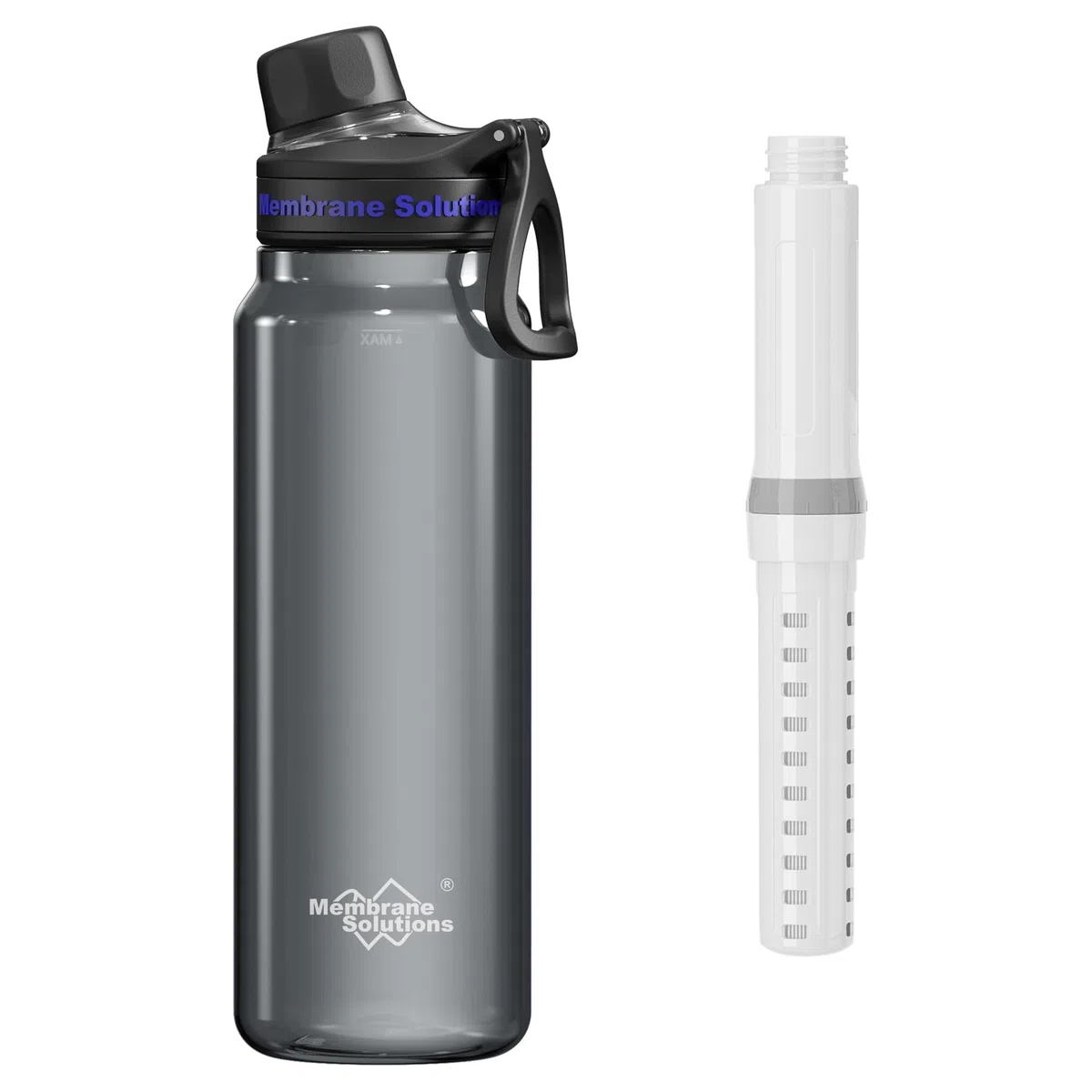 Membrane Solutions Botella de Filtro de Agua Supervivencia de 1L(36 oz) con Cartucho de Filtro ACF + UF, Elimina el 99,9999% de E.coli, Precisión de 0,1 μm, sin BPA, Emergencia, Camping, Gris