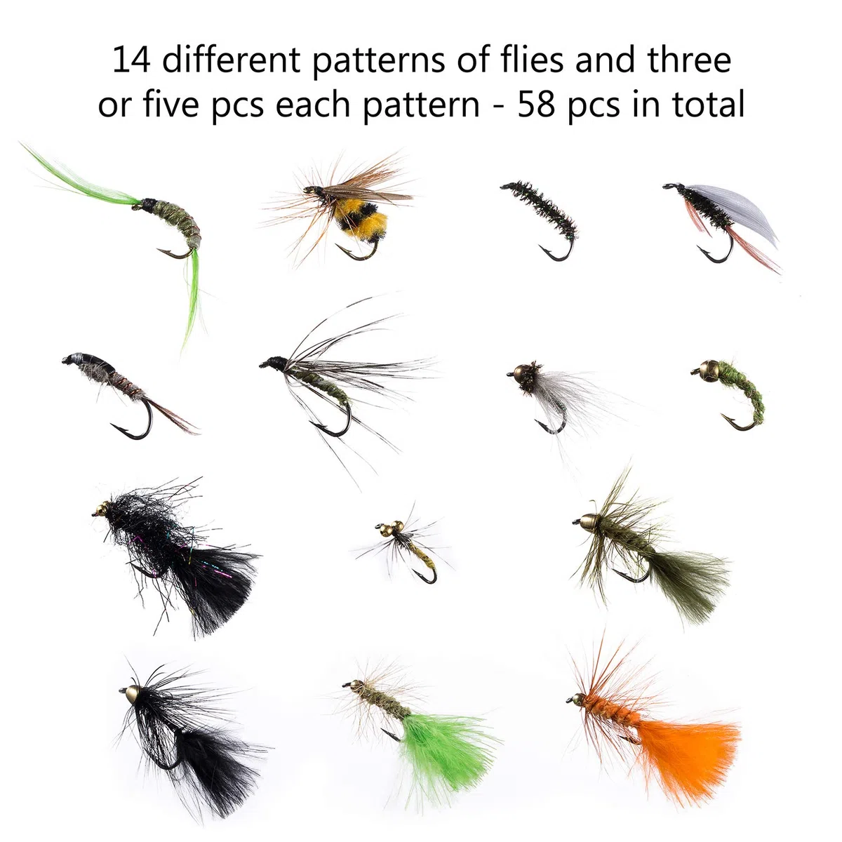 BASSDASH Kit de Moscas de Pesca con Mosca, Surtido de Moscas, Pesca de lubina con Caja de Moscas, 36/64/72/76/80/96 Piezas con Moscas secas/húmedas, ninfas, serpentinas, Popper