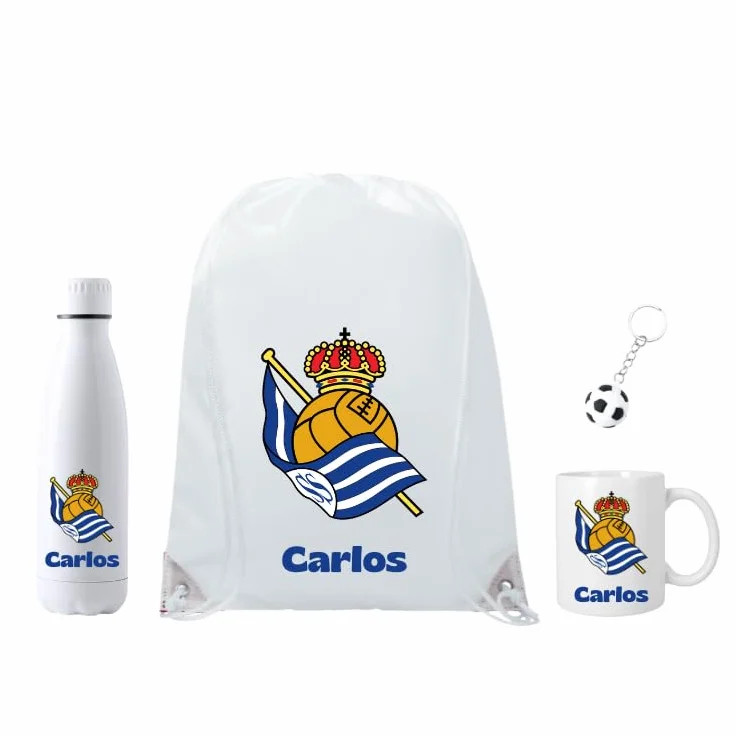 Mochila Real Sociedad Personalizada con Nombre - Botella 700ML, Taza Cerámica 350ML, Llavero Pelota