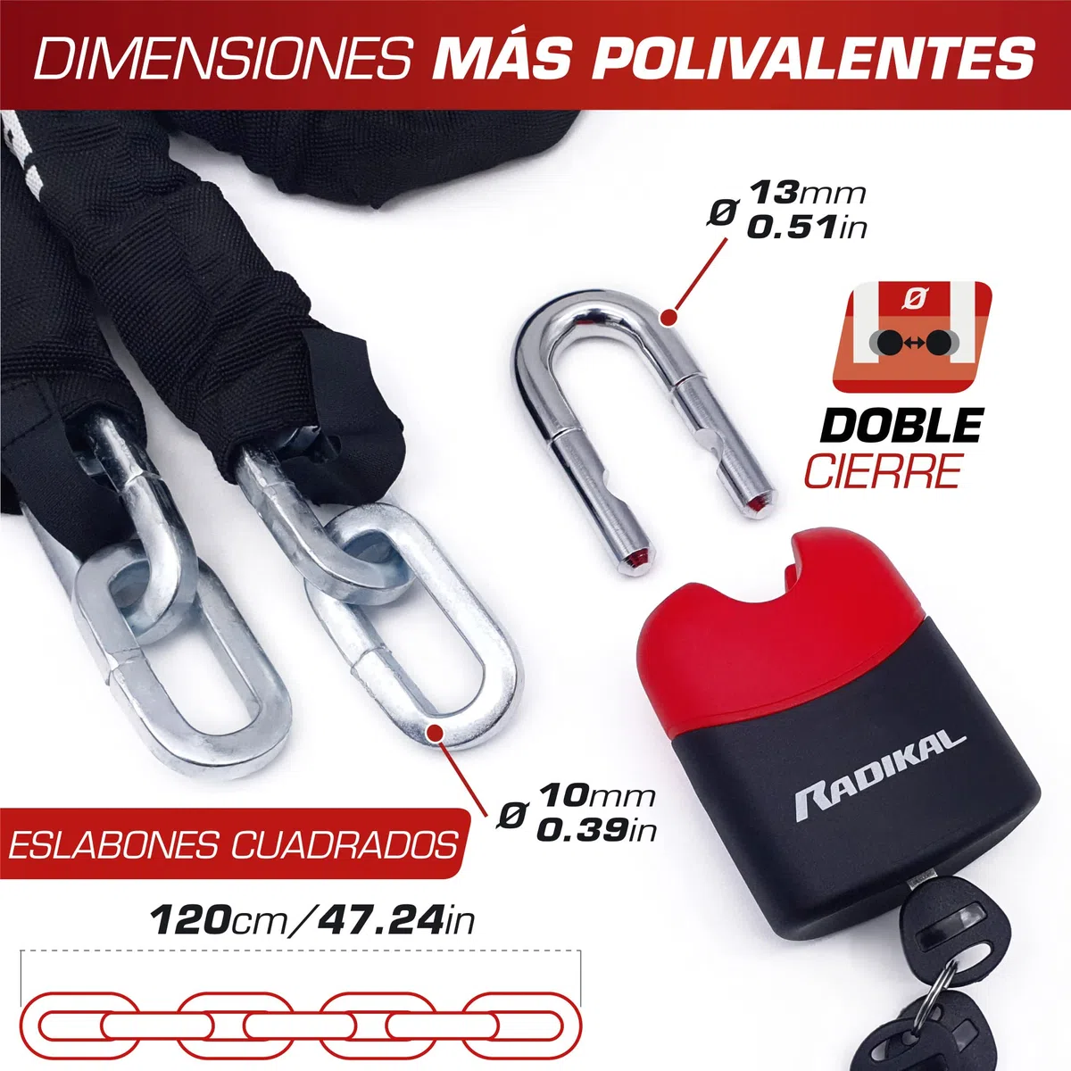 ‎RADIKAL RK4120 Candado Moto Cadena Antirrobo, Acero cementado alta seguridad ø10, Candado Bici Eléctrica, Cadena Seguridad Garaje Anclaje, Cadena Antirrobo Moto, Scooter Bicicleta, 120cm
