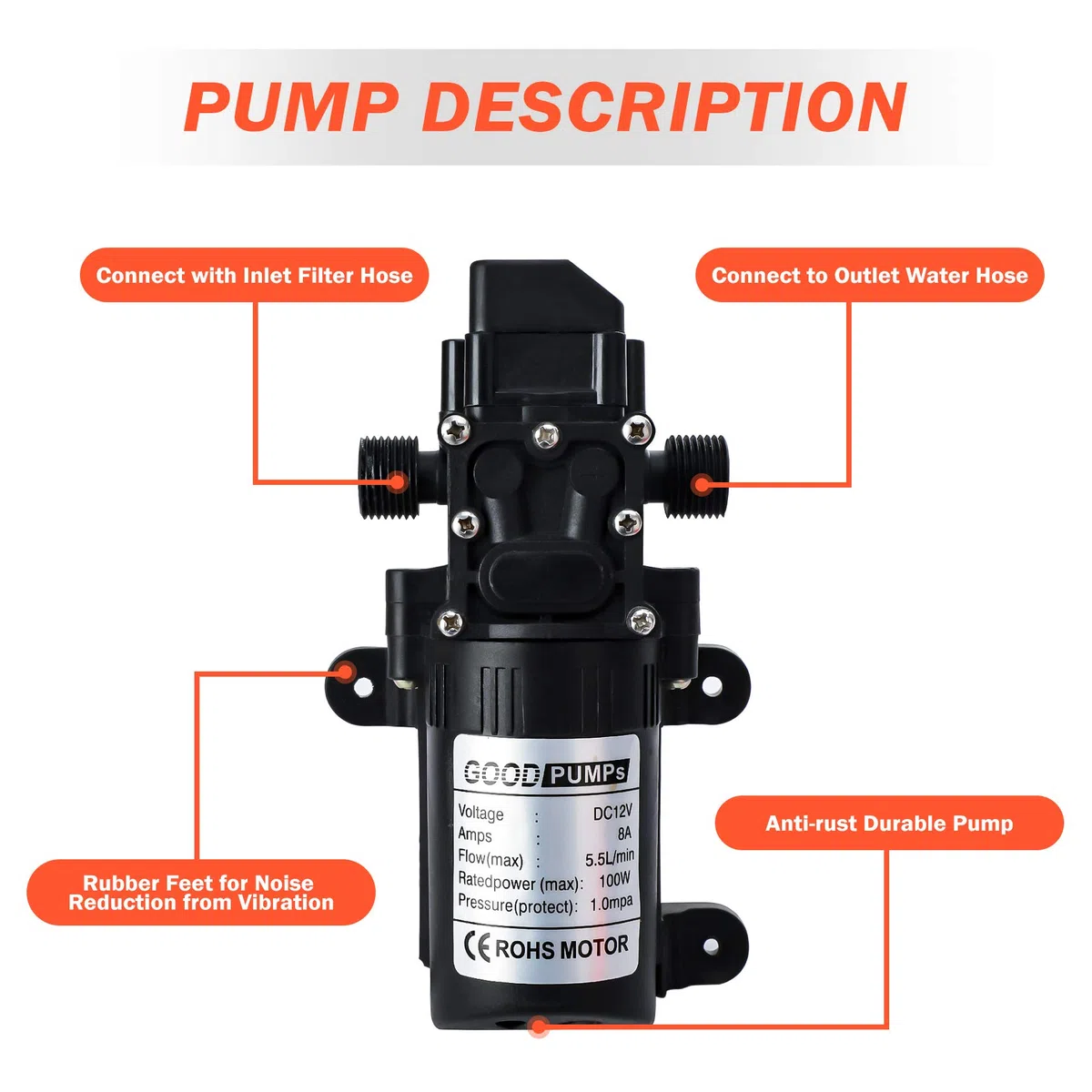 Pindex Bomba de Agua Autocebante de 12 V con Pistola de Pulverización de Agua de 100 W, Bomba de Diafragma 12 V para Autocaravana, Camping, Barco, Caravana, Coche Limpieza