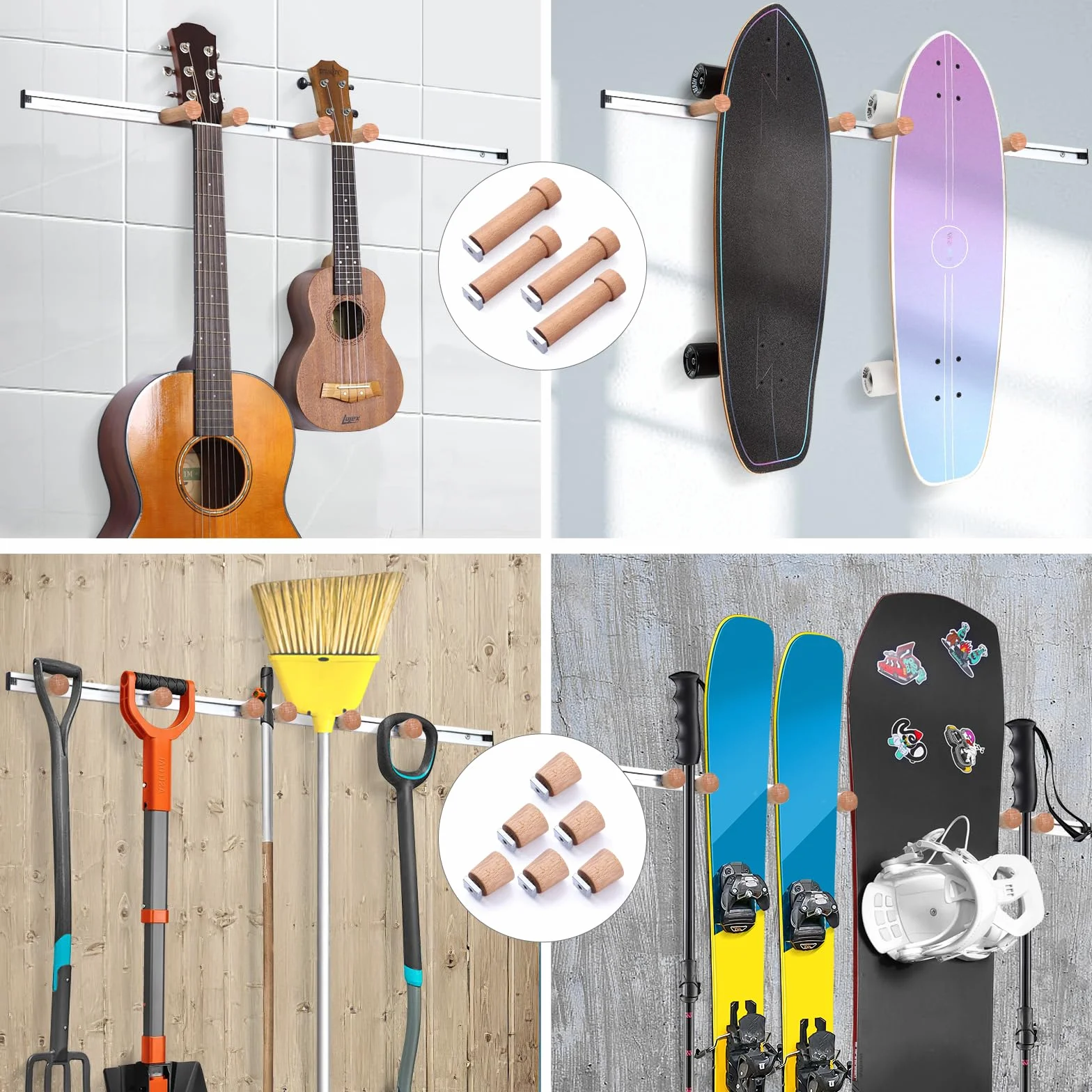 Fuloon Soporte de Pared para Esquís/Snowboard, Almacenamiento para Snowboard, Portaesquís de Pared para Casa y Garaje Perchero para Organizador 2 Estantes - 80cm, Hasta 30 kg