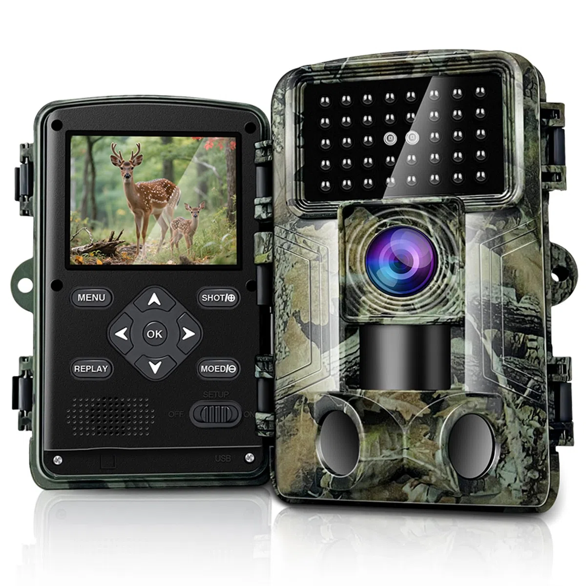 HAZA Camara Caza 58MP 2.7K HD Camara Fototrampeo con Micro SD 32GB Cámaras de Caza Visión Nocturnal Impermeable IP66 Cámara de Outdoor Patio Trasero Granja Vida Silvestre Monitoreo
