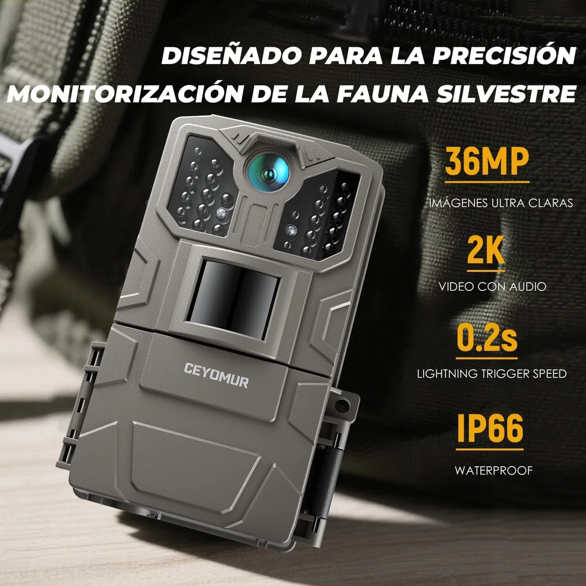 CEYOMUR Cámara de Caza 36MP 2K, Camara Fototrampeo Nocturna con LED IR 850nm y Sensor de Movimiento, Pantalla de 2" e Impermeable IP66 para Observación de Vida Silvestre y Monitoreo