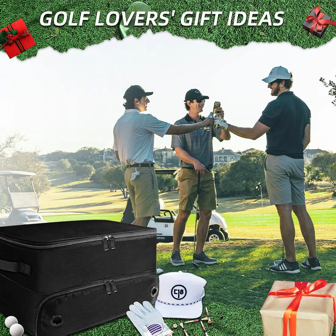 VOPHIA Organizador de Maletero de Golf de 2 Capas con Compartimento Separado para 2 Pares de Zapatos, Almacenamiento de Pelotas, Impermeable para Guardar Accesorios de Golf, Plegable y Plegable para