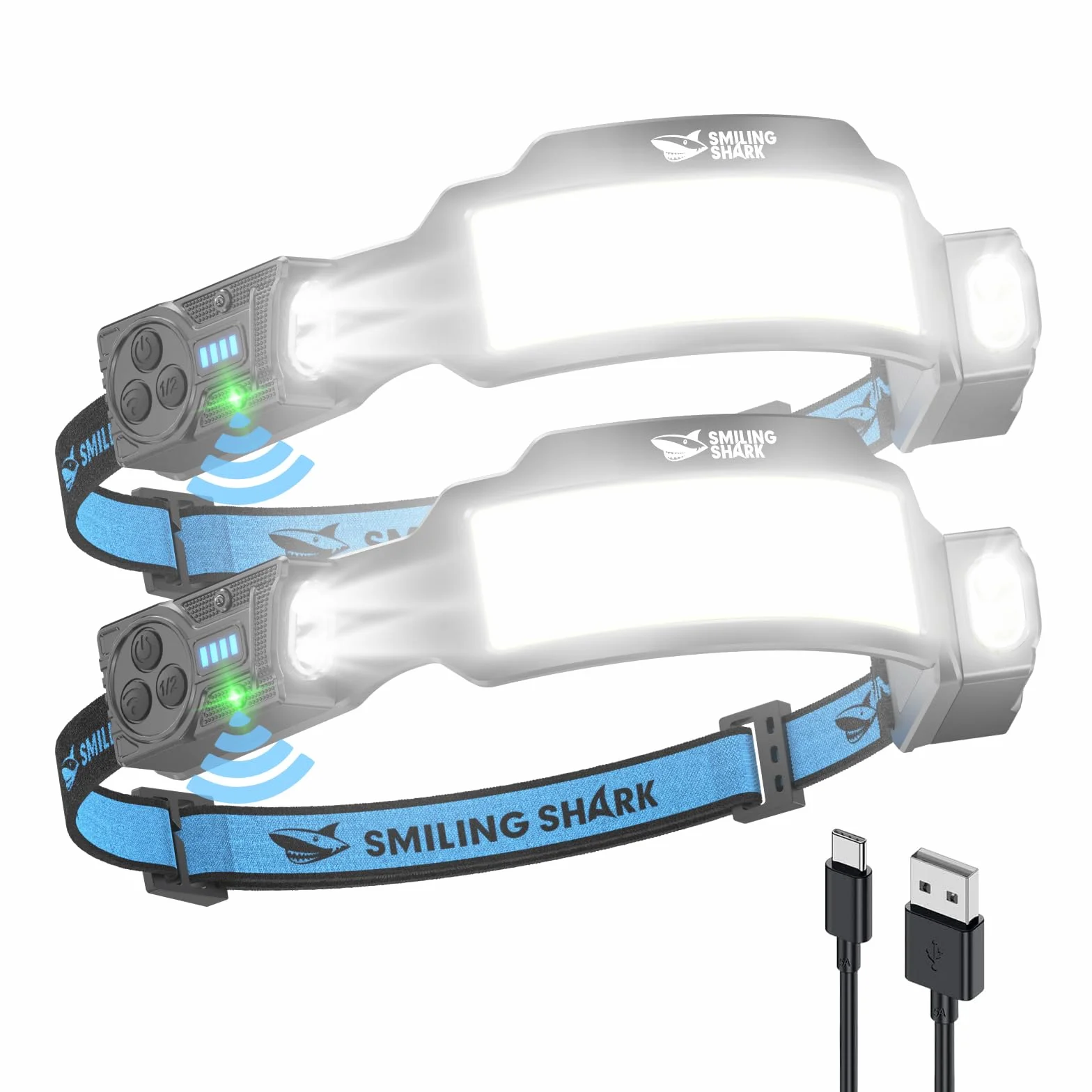 Smiling Shark TS-6 Lámpara Frontal, Linterna Cabaza LED Recargable 2400mAh con Doble Foco Ajustable&Inclinable Sensor de Movimiento Diseño Manos Libres para Camping Jogging Senderismo Correr (2)