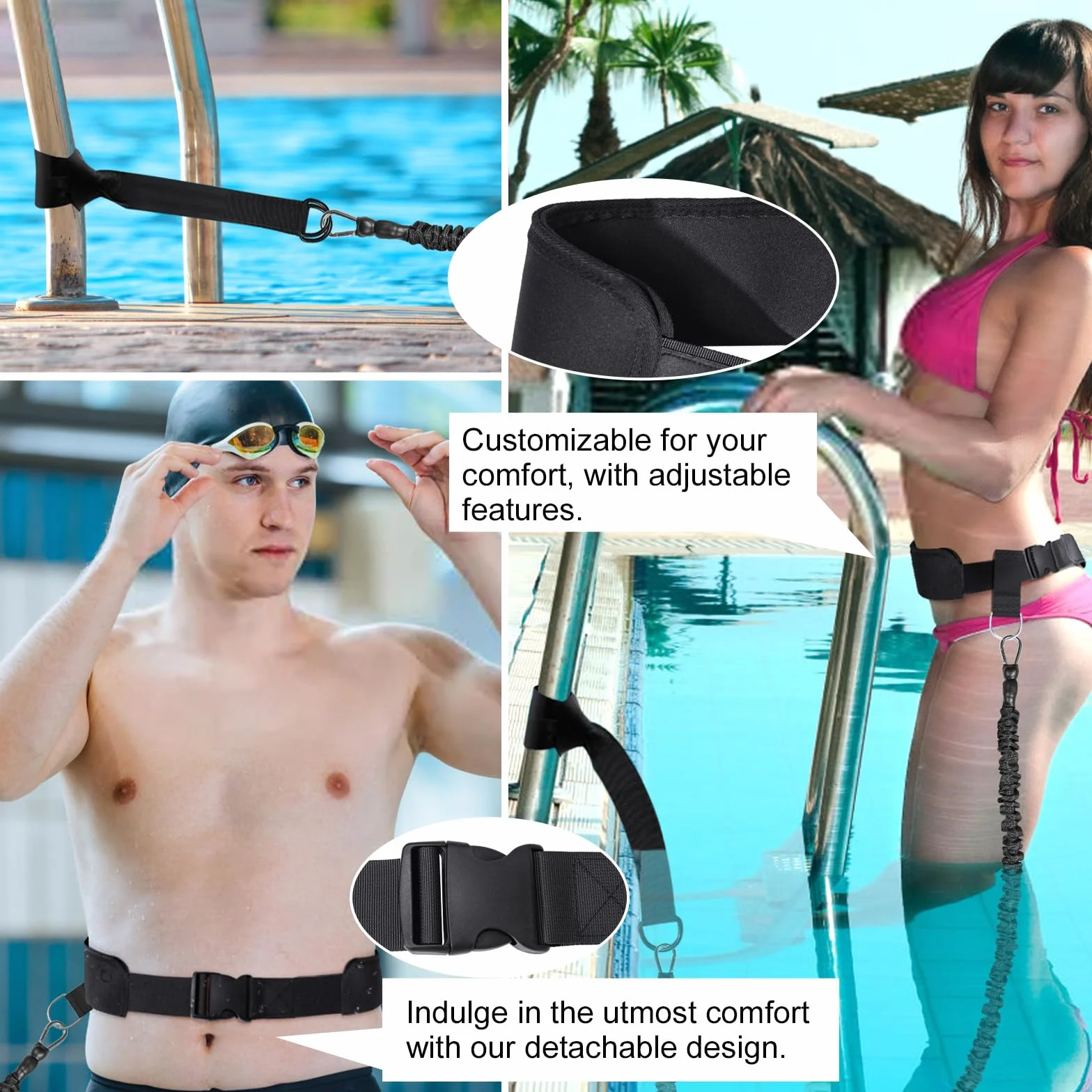 Cinturón de natación profesional con resistencia ajustable, cuerda de 2,5-7,5 m, para adultos y niños (Azul)
