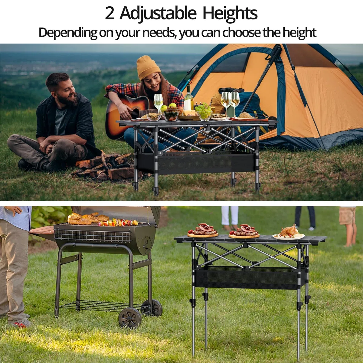 Anbte Mesa Plegable Camping 82 * 40 * 44/70cm, Altura Ajustable Mesa Portátil Aluminio con Red de Almacenamiento,Soporta 45 kg, Estructura en X para Caomping,Jardín, Playa,Barbacoa-Gris