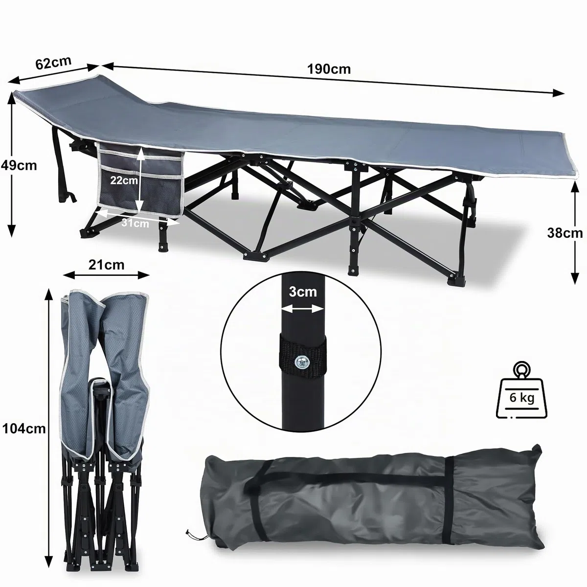 UISEBRT Cama de camping plegable portátil con bolsa de transporte y bolsillo lateral, estable de tejido Oxford, soporta hasta 250 kg, ideal para interiores y exteriores