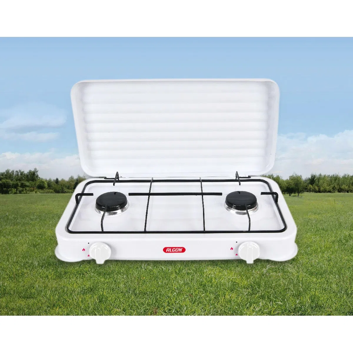 ALGON | Hornillo de Gas 2 Fuegos con Tapa – Hornillo Gas Cocina Portátil para Camping, Emergencias y Hogar