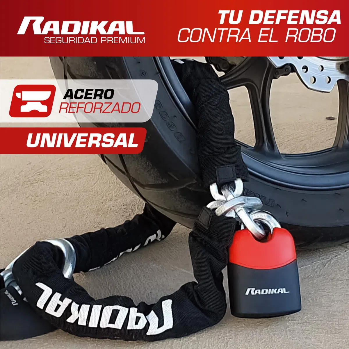 ‎RADIKAL RK4120 Candado Moto Cadena Antirrobo, Acero cementado alta seguridad ø10, Candado Bici Eléctrica, Cadena Seguridad Garaje Anclaje, Cadena Antirrobo Moto, Scooter Bicicleta, 120cm