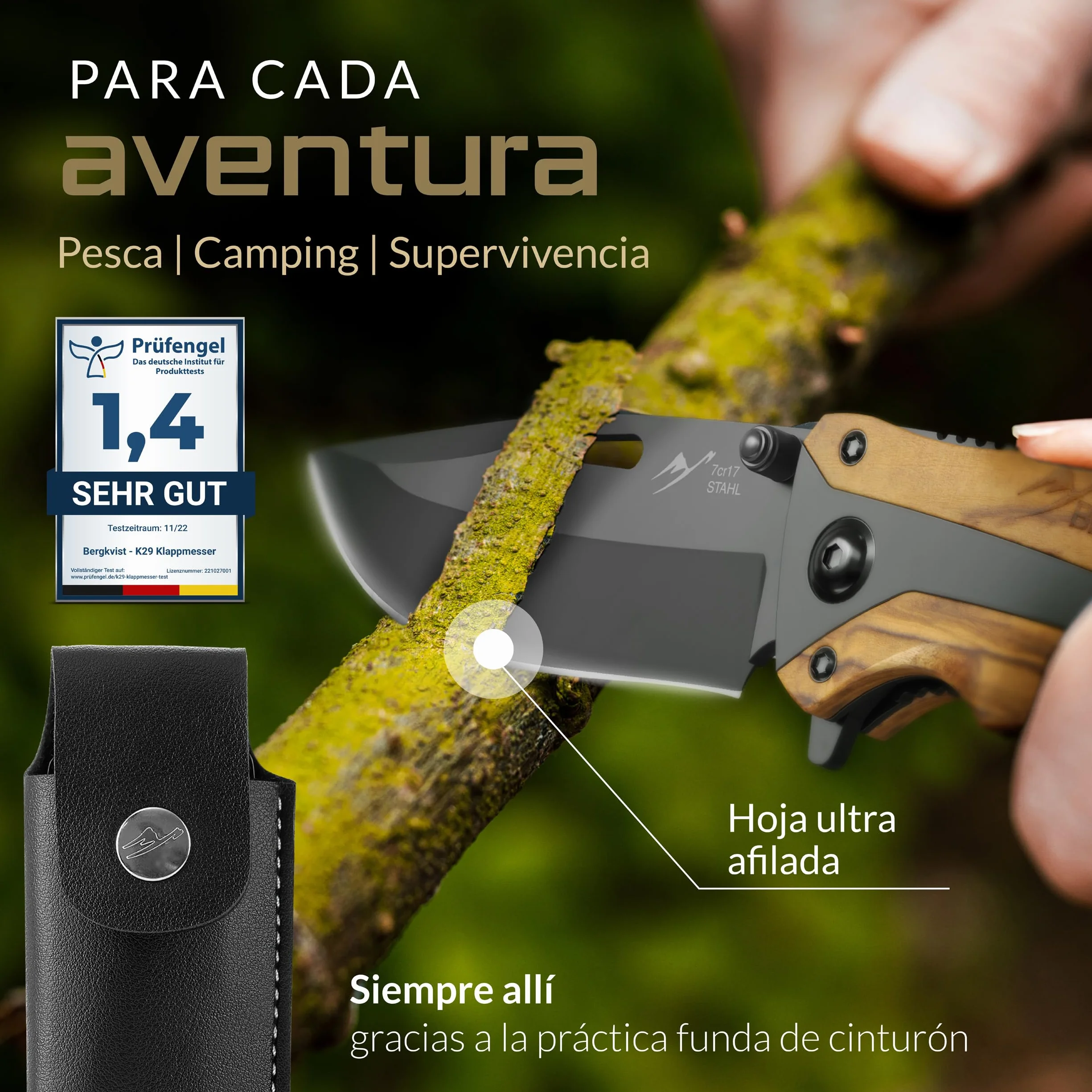 BERGKVIST® K29 Cuchillo plegable Titanium [navaja de bolsillo 3 en 1] | Navaja con rompecristales y cortacinturones, Bronze A' Design Award, mango de madera de olivo