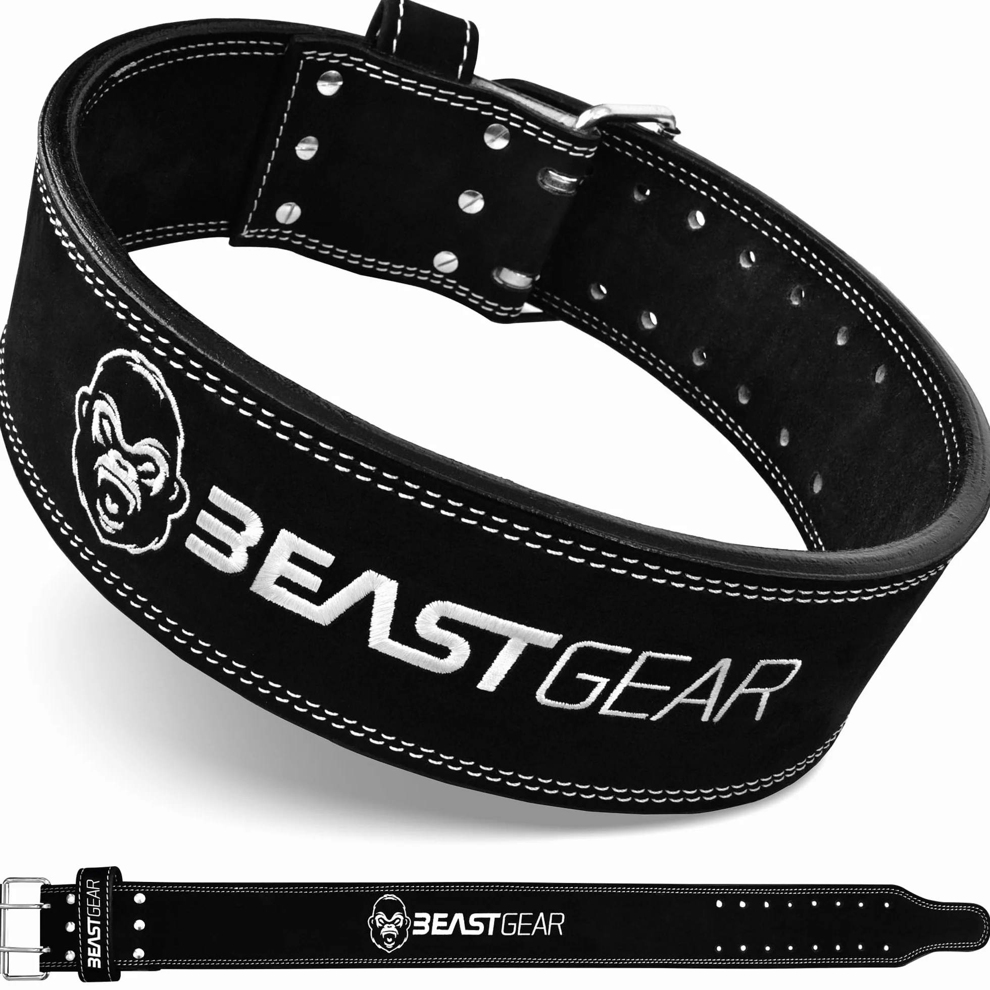 Beast Gear Cinturón Halterofilia – Cinturón Lumbar Powerlifting con Doble Hebilla – Cinturón Levantamiento de Peso de Piel Nobuck – 10 cm de Ancho y 10 mm de Grosor