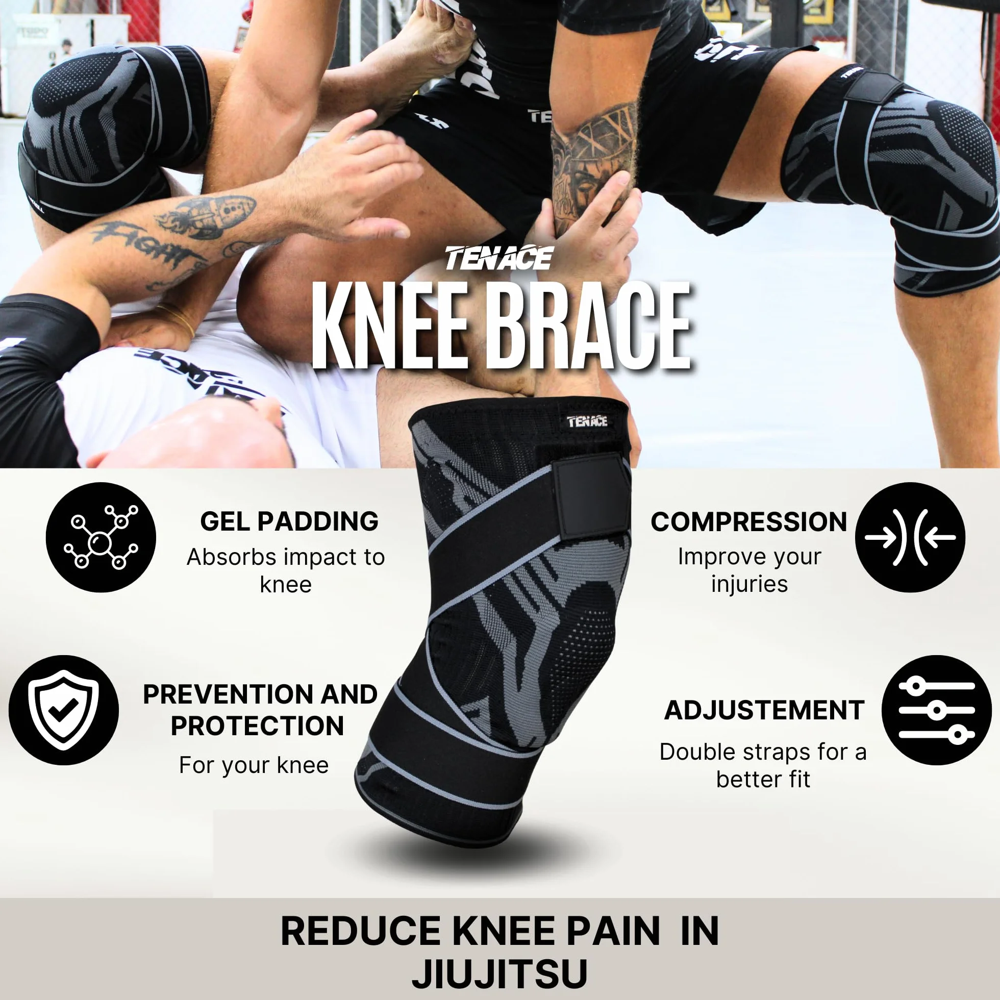 Tenace Rodillera Jiu Jitsu, Grappling - Protección Rodillas de Compresión y Acolchado MMA, BJJ, Muay Thai, Judo - Alta Durabilidad y Rendimiento Unisex (1, Negro, X-Large)